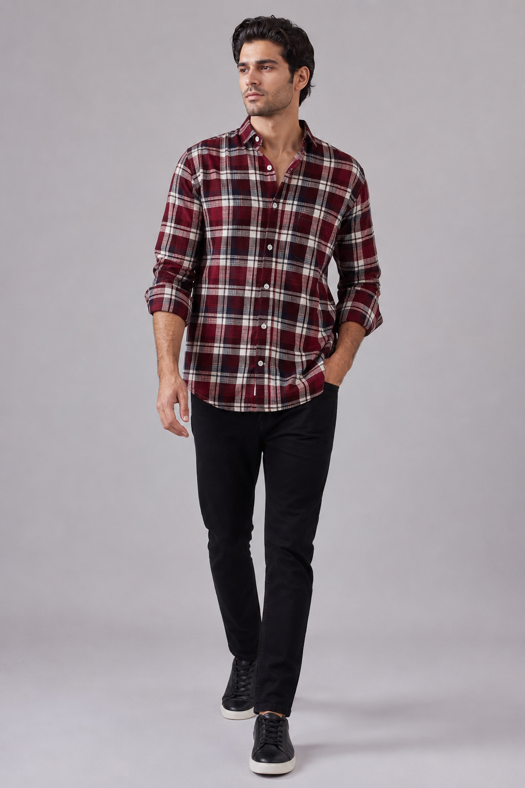 Men’s Maroon & Cream Gingham Check Flannel Shirt