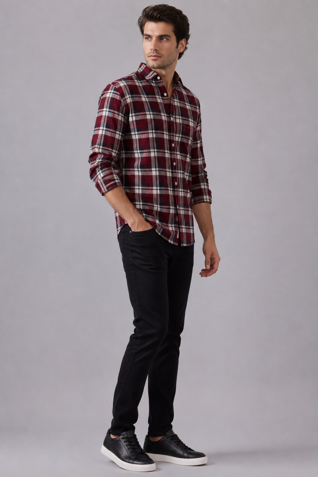 Men’s Maroon & Cream Gingham Check Flannel Shirt