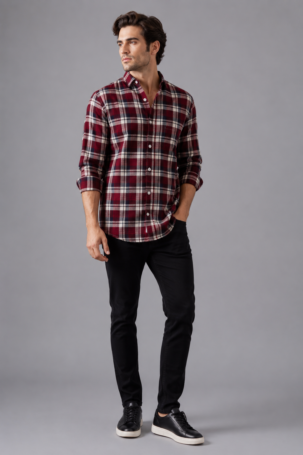 Men’s Maroon & Cream Gingham Check Flannel Shirt