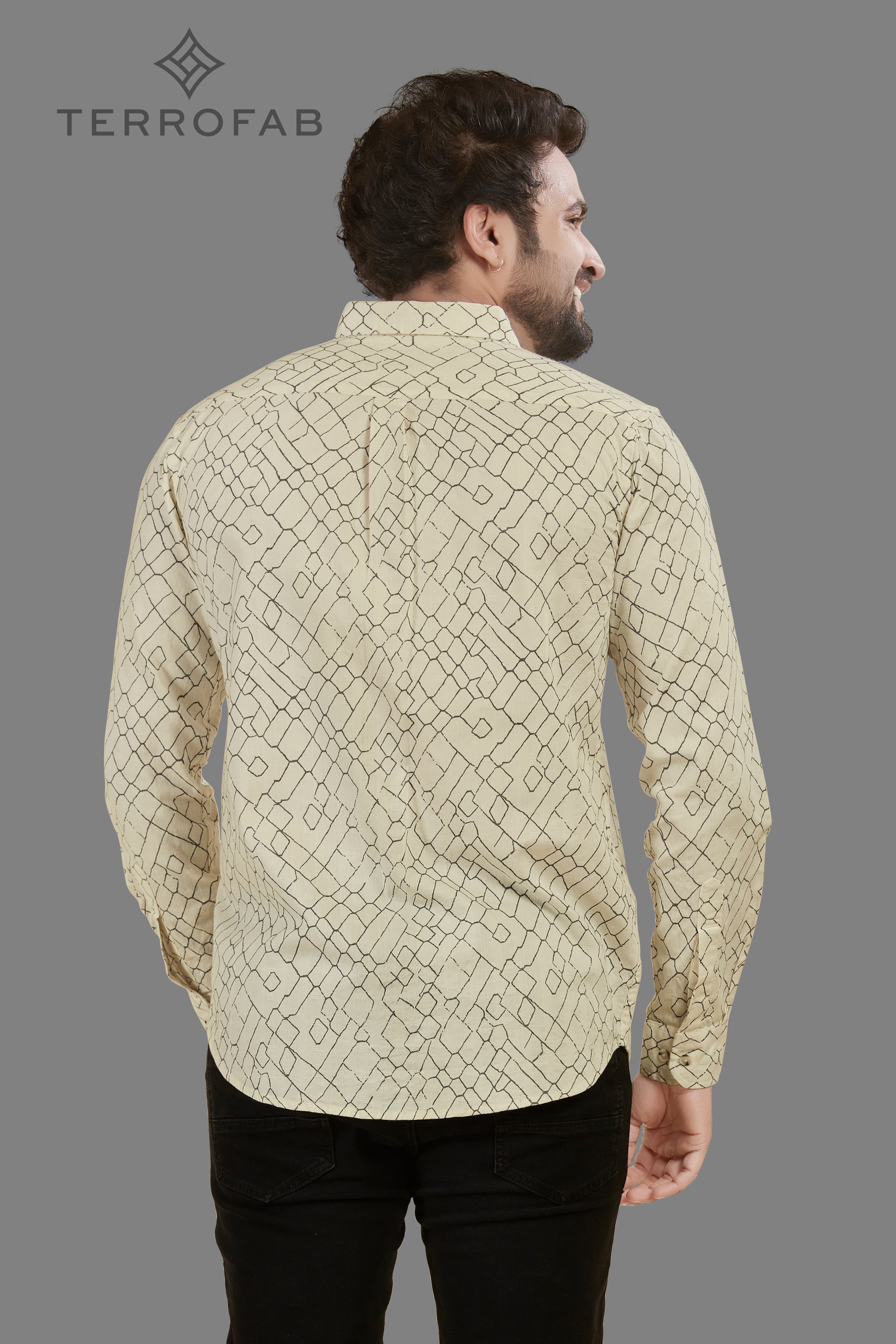 Men’s ivory Geometric Geo-Print Cotton Shirt