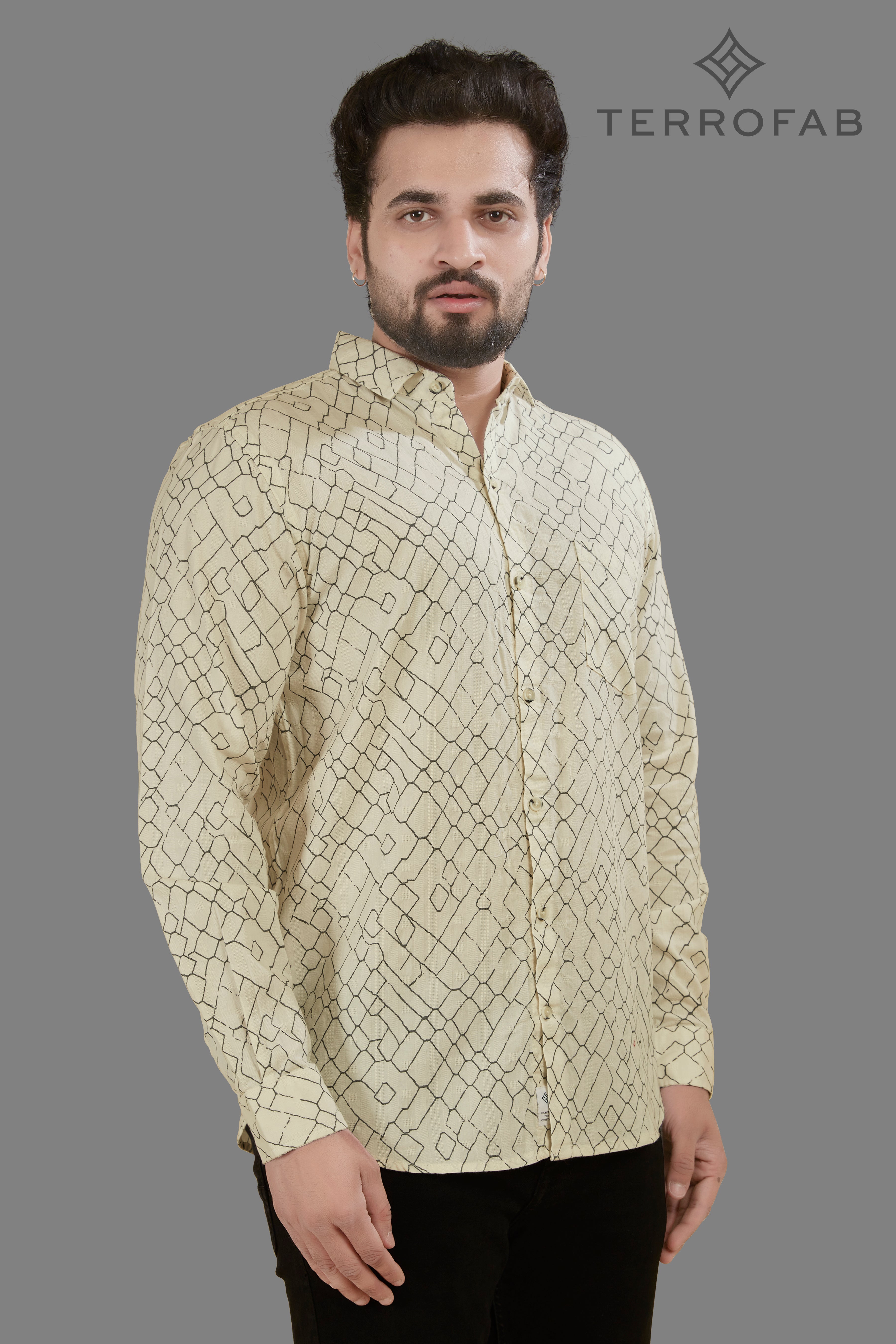 Men’s ivory Geometric Geo-Print Cotton Shirt