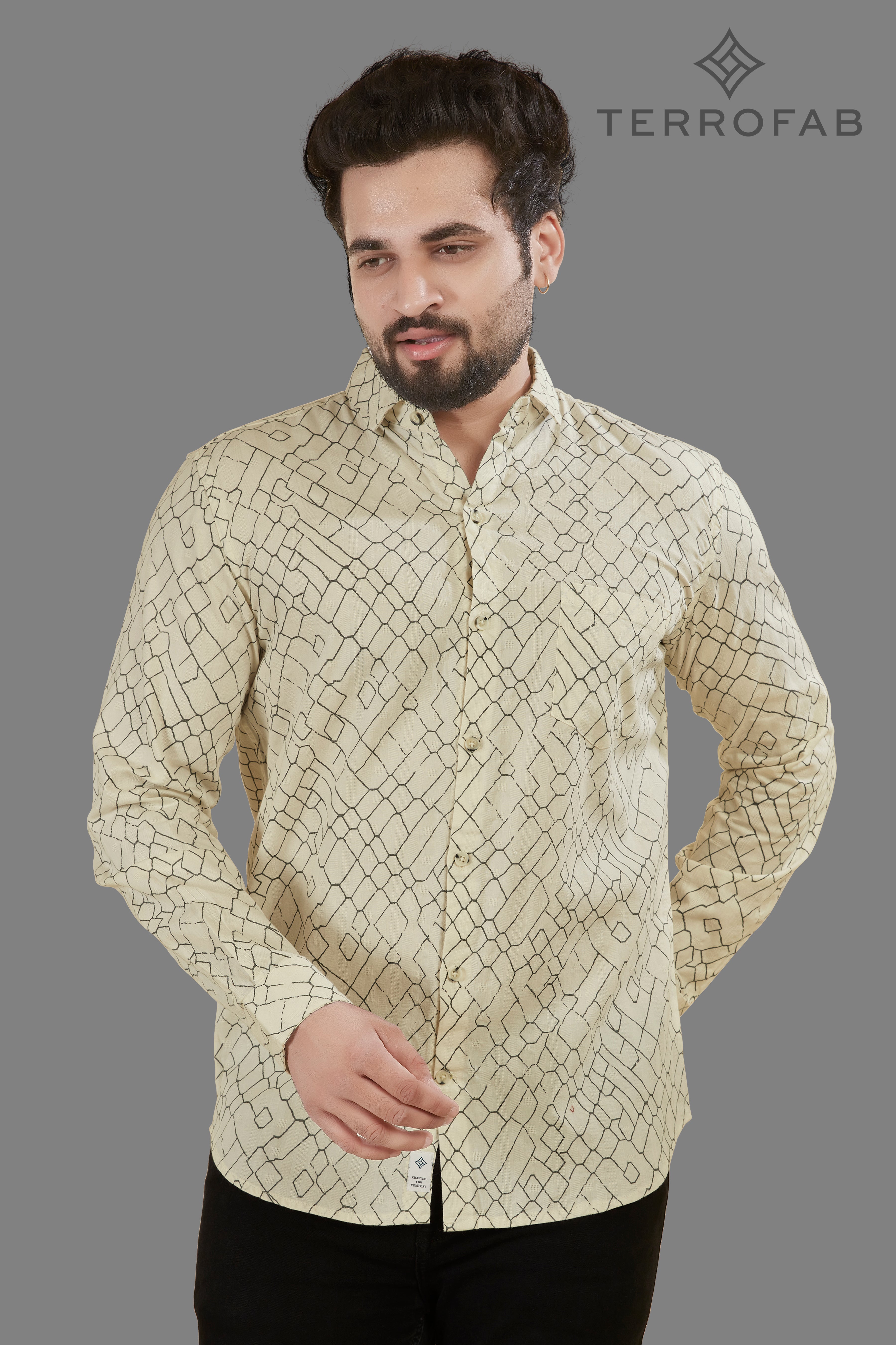 Men’s ivory Geometric Geo-Print Cotton Shirt