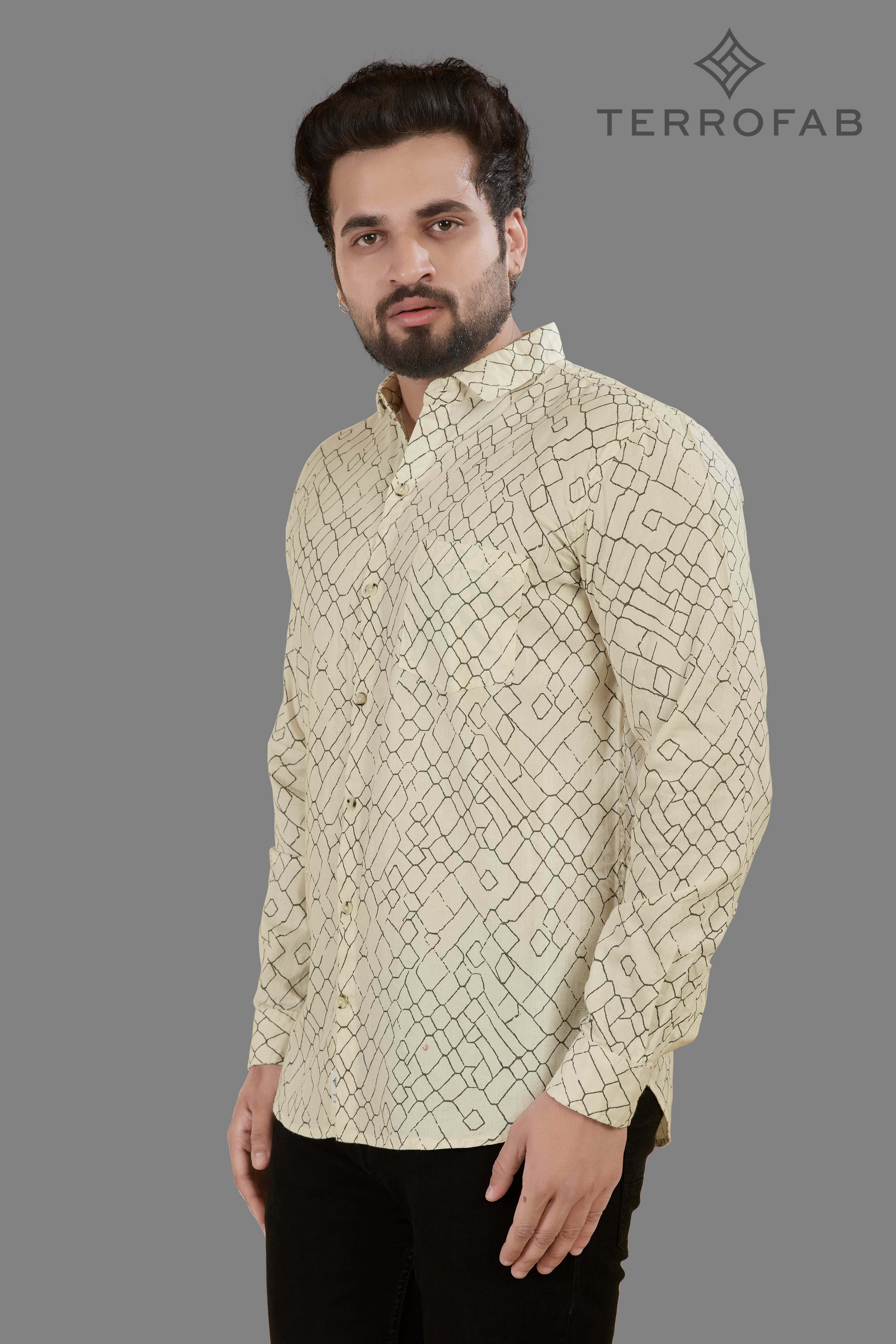 Men’s ivory Geometric Geo-Print Cotton Shirt