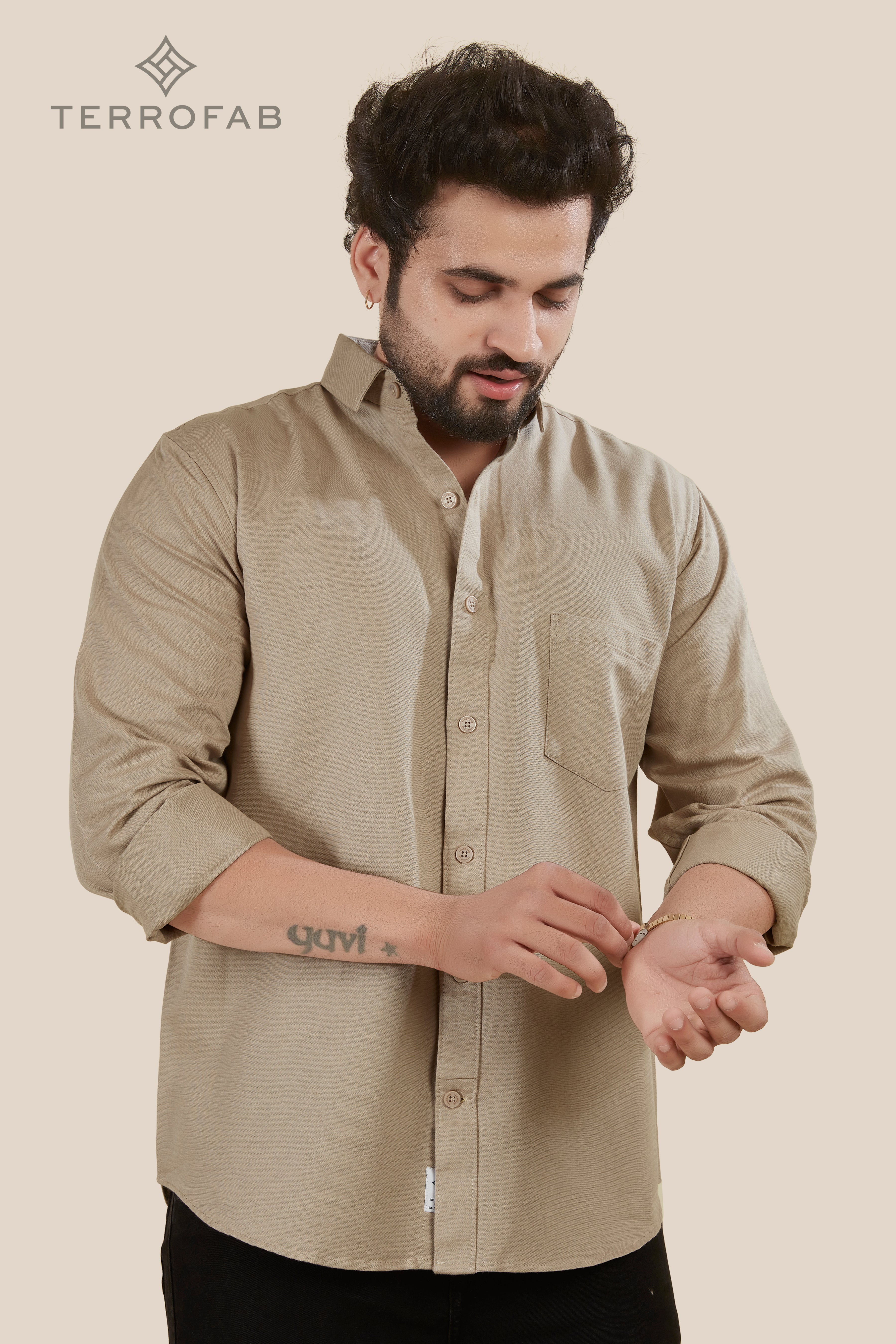 Men’s Khaki Tan micro dobby Finish Premium Cotton Shirt