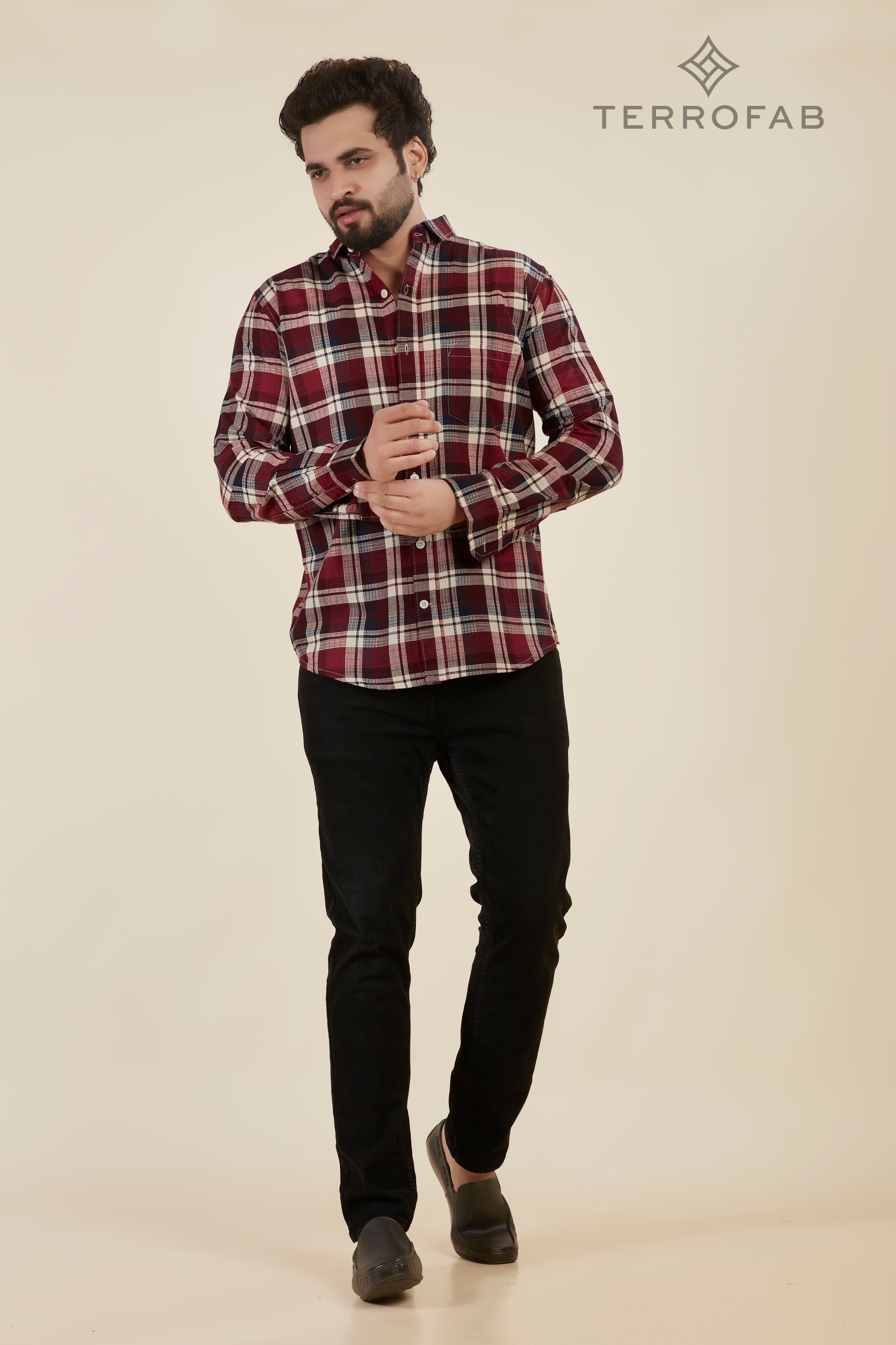 Men’s Maroon & off-white Gingham Check Flannel Shirt