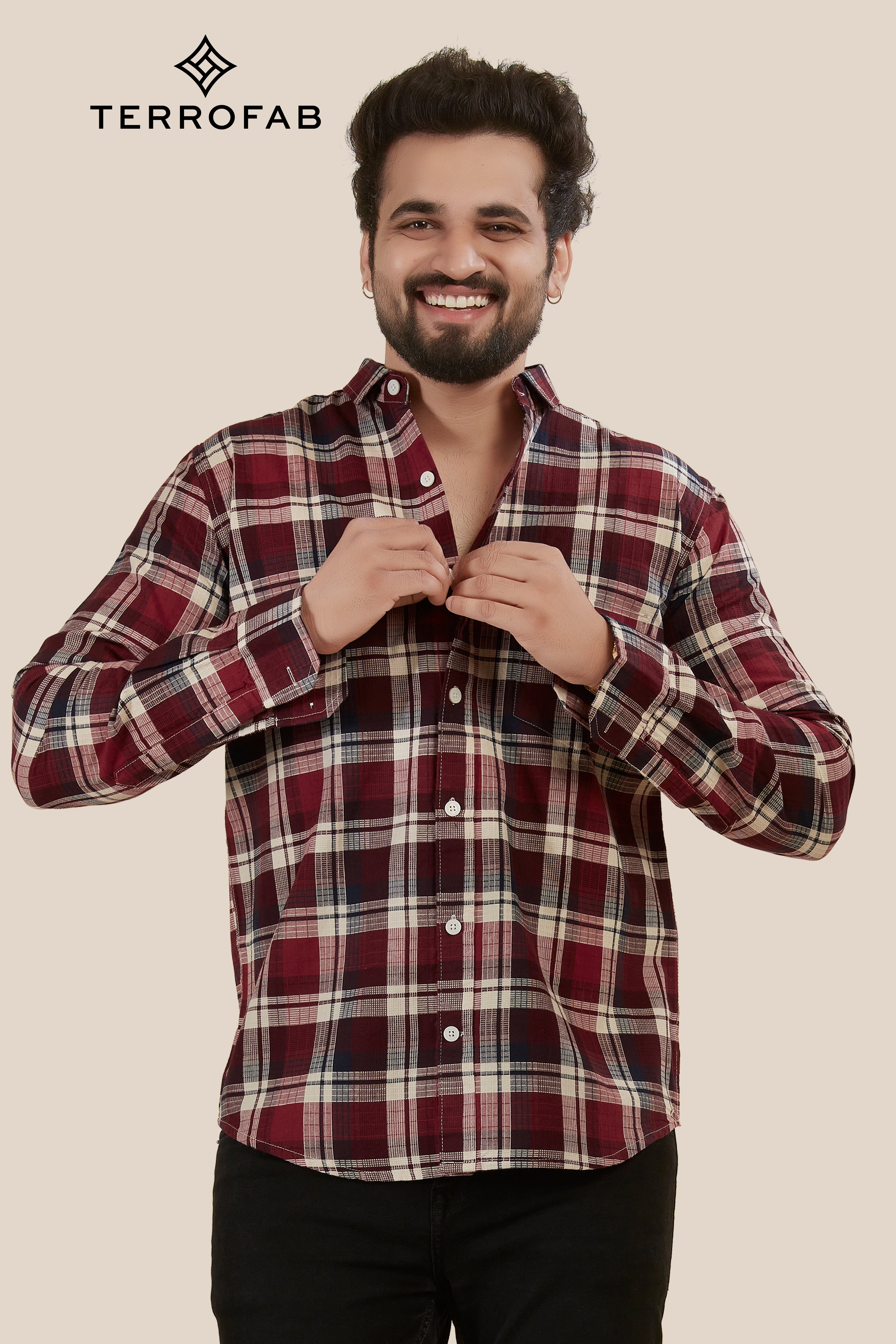 Men’s Maroon & off-white Gingham Check Flannel Shirt
