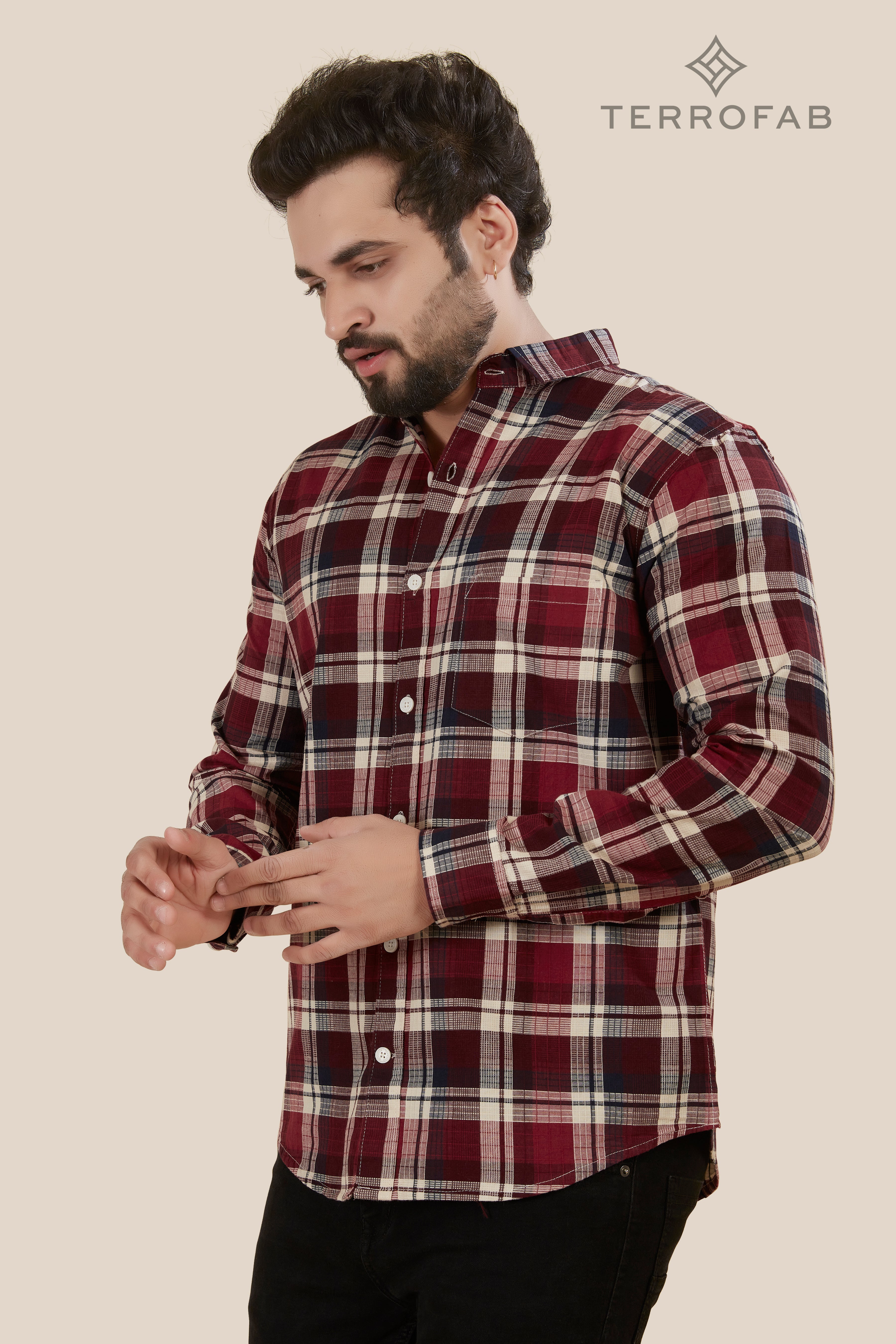 Men’s Maroon & off-white Gingham Check Flannel Shirt