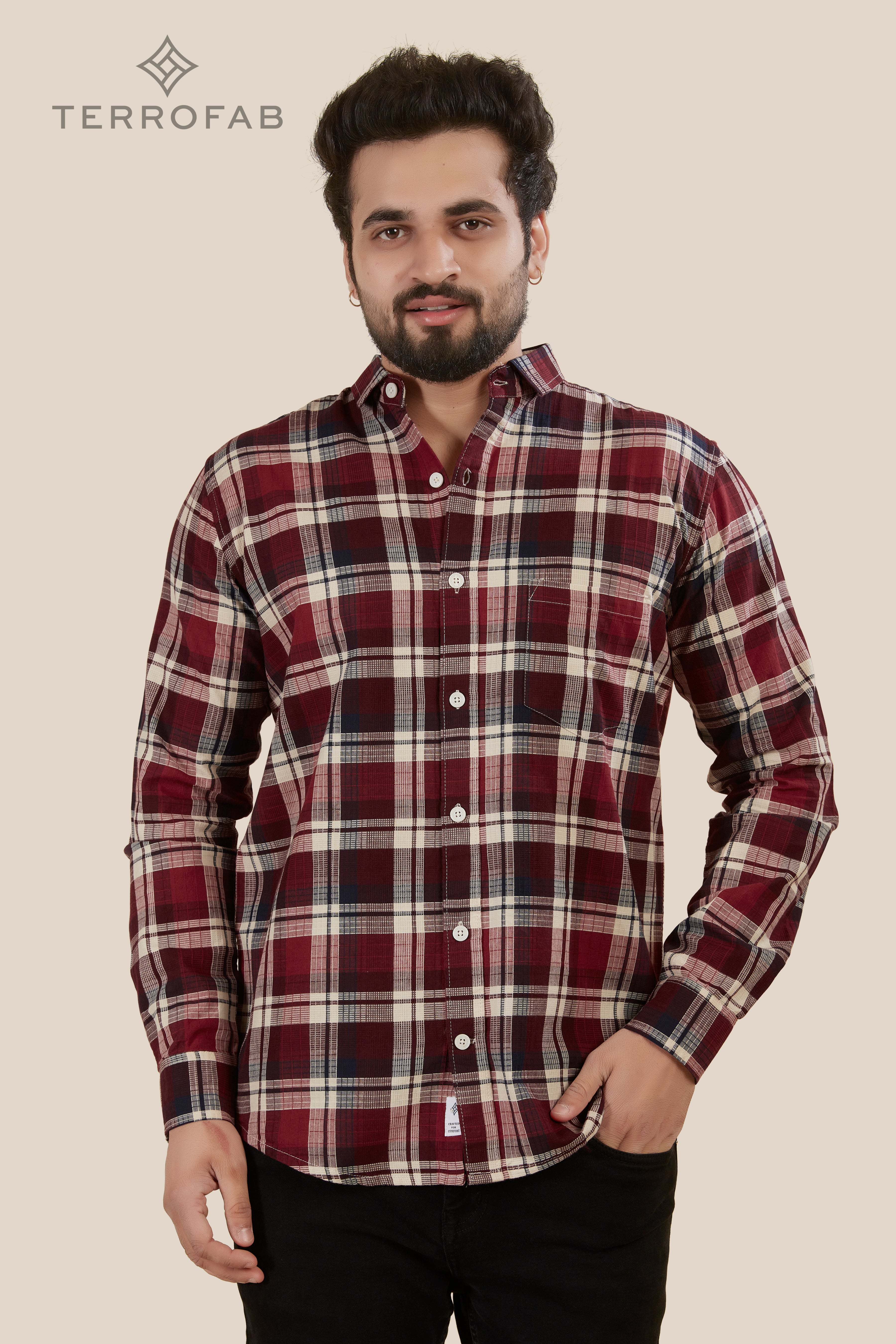 Men’s Maroon & off-white Gingham Check Flannel Shirt