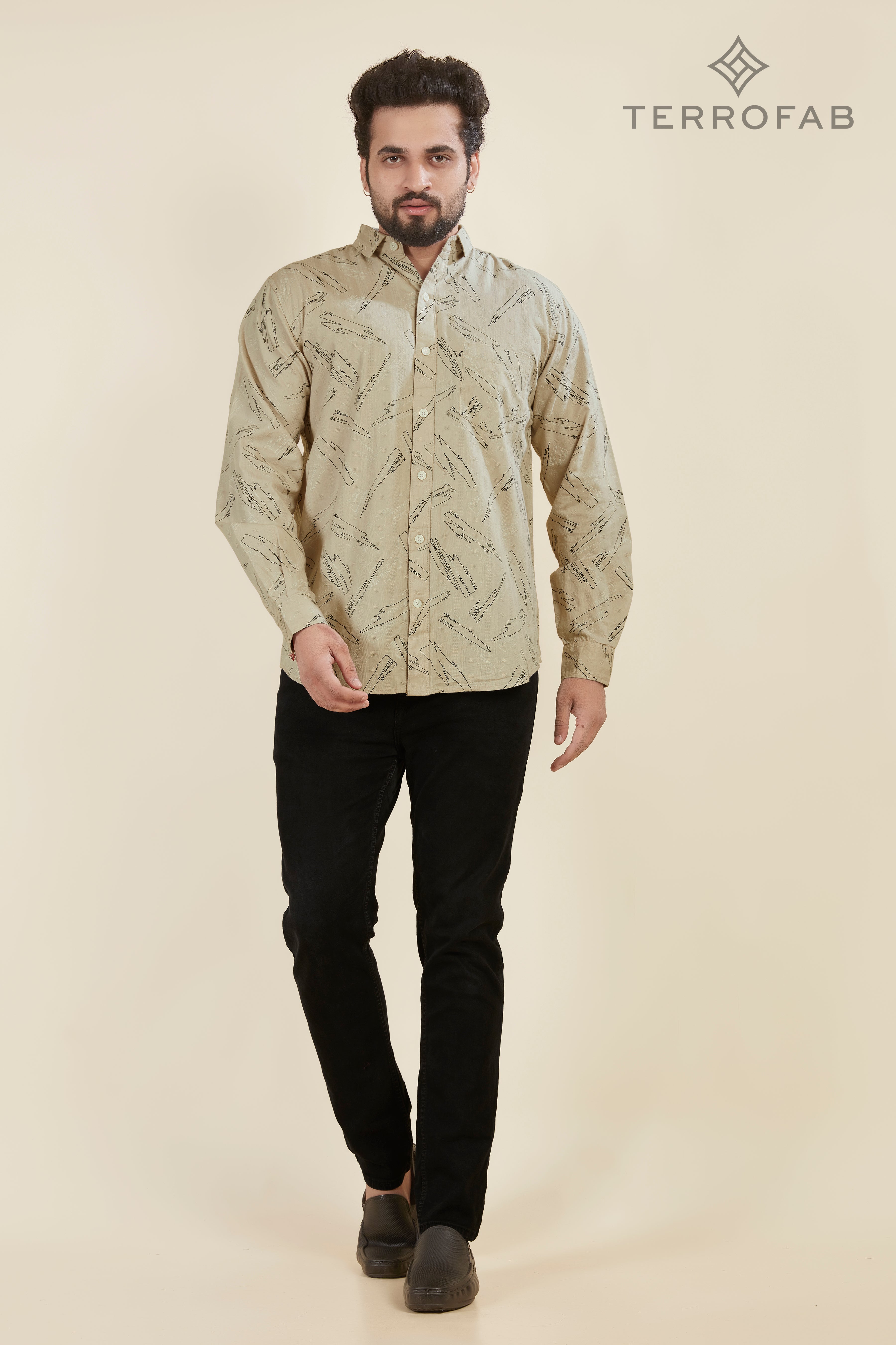 Men’s Sand Beige Abstract Brushstroke Print Shirt