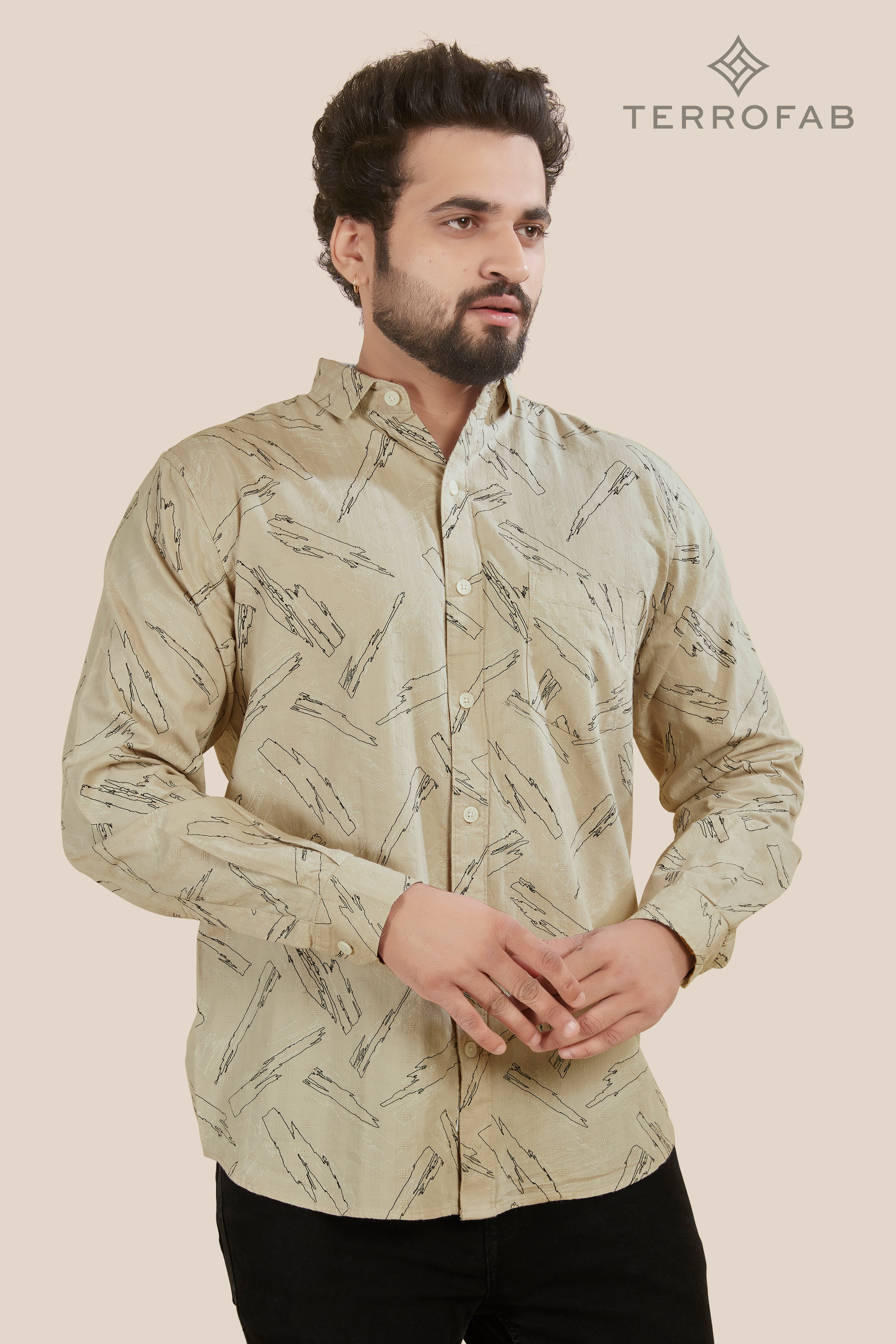 Men’s Sand Beige Abstract Brushstroke Print Shirt