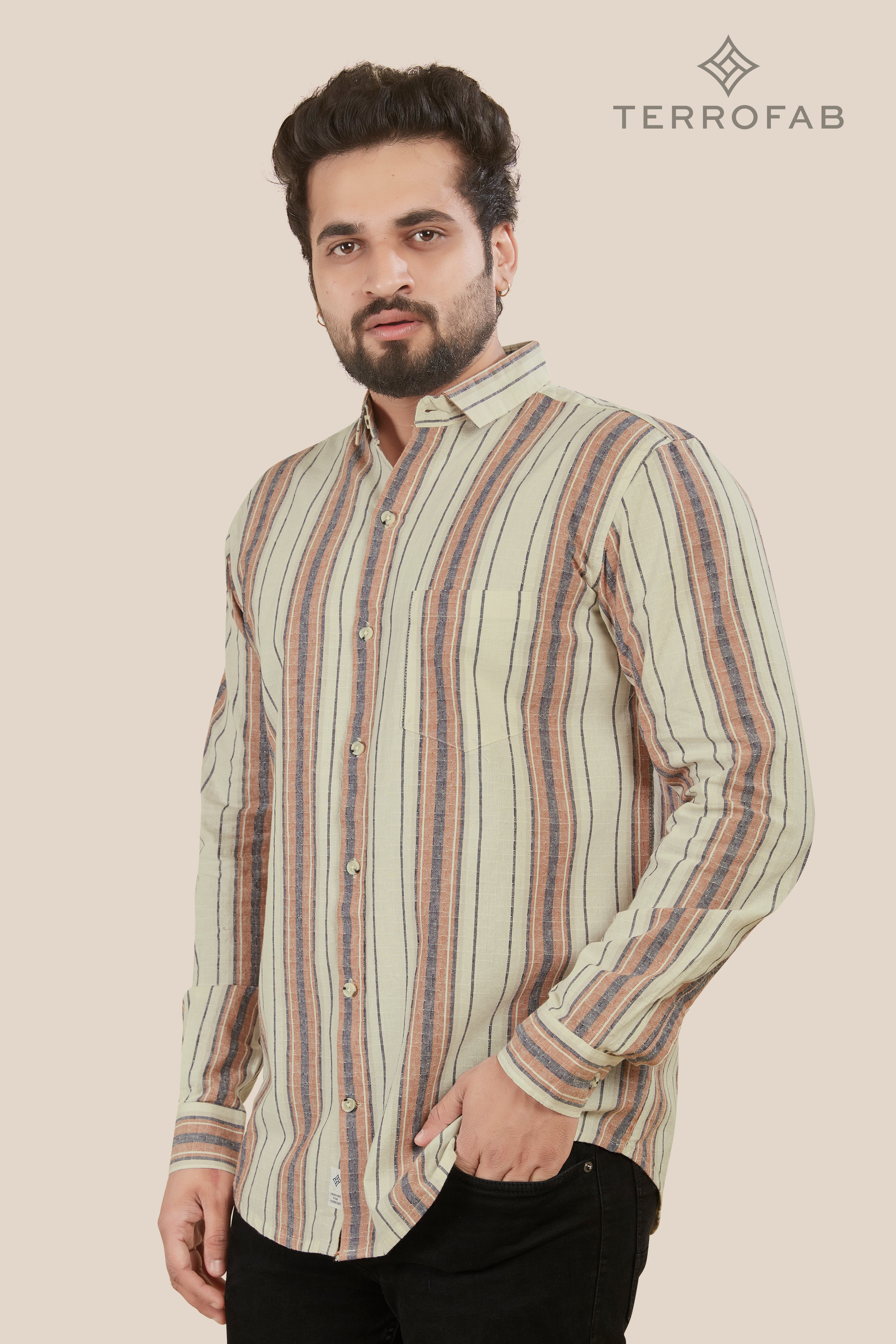 Men’s Vintage Off-White Multi-Stripe Textured Shirt