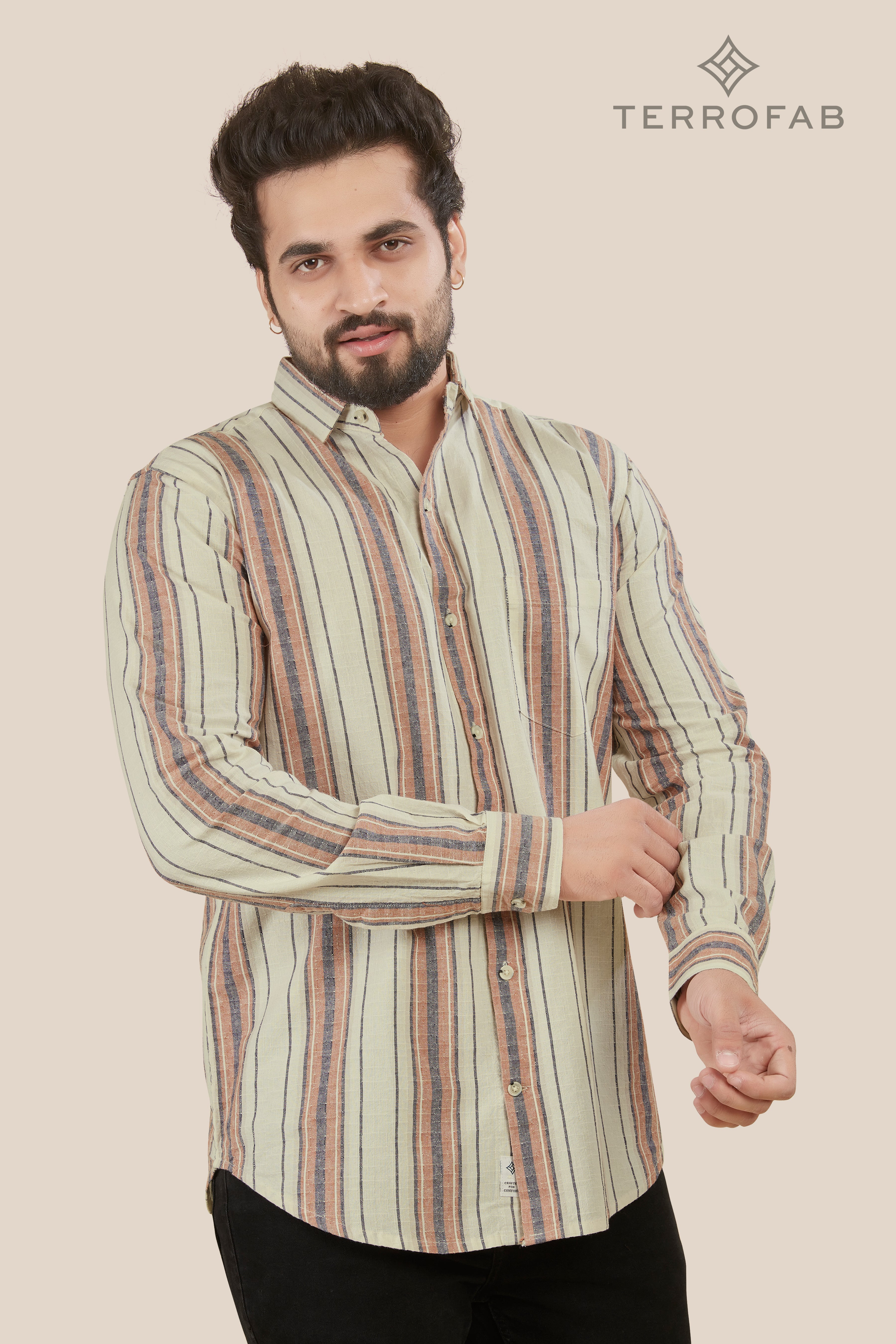 Men’s Vintage Off-White Multi-Stripe Textured Shirt