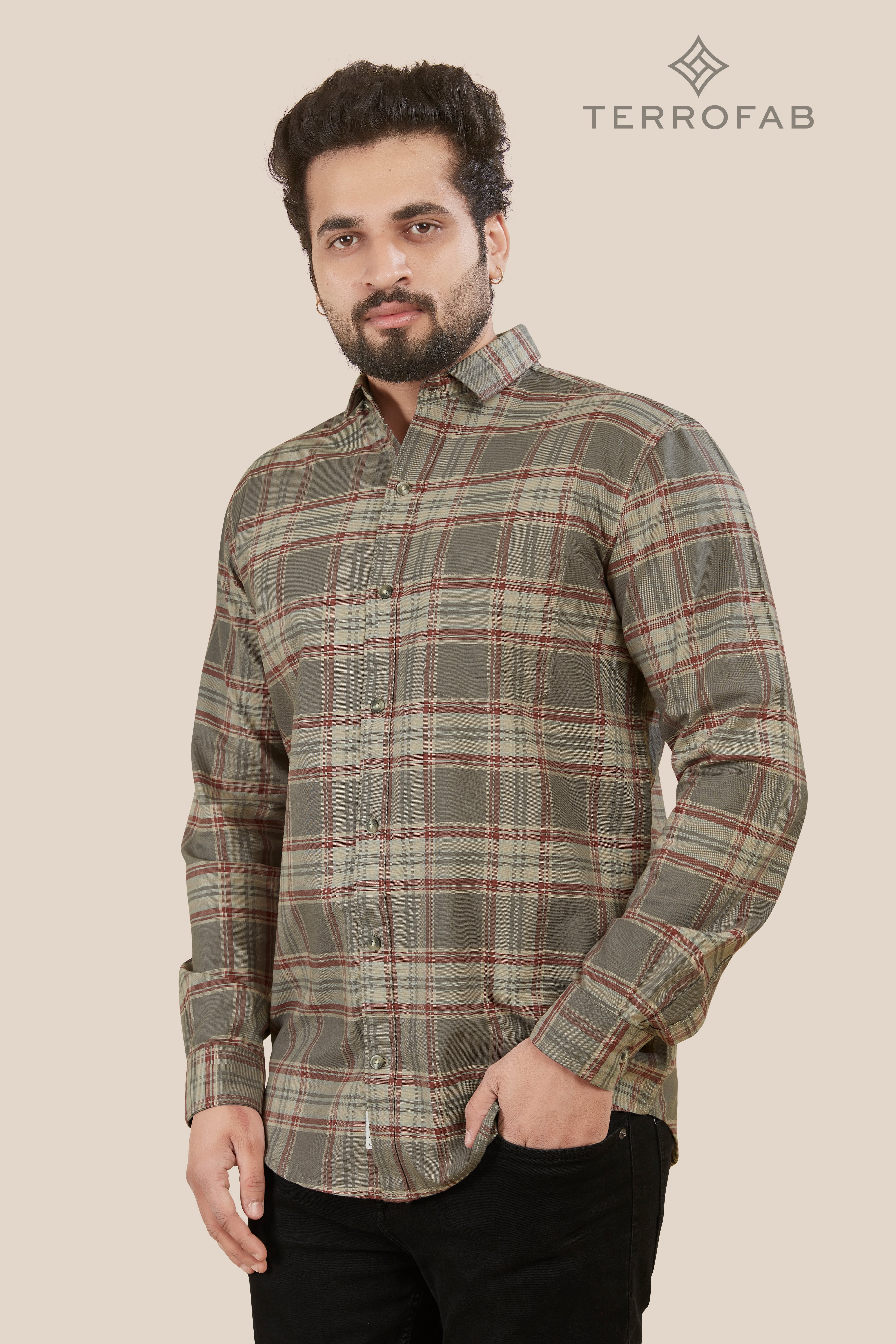 Men’s Grey & Rust Tartan Checks Premium Shirt