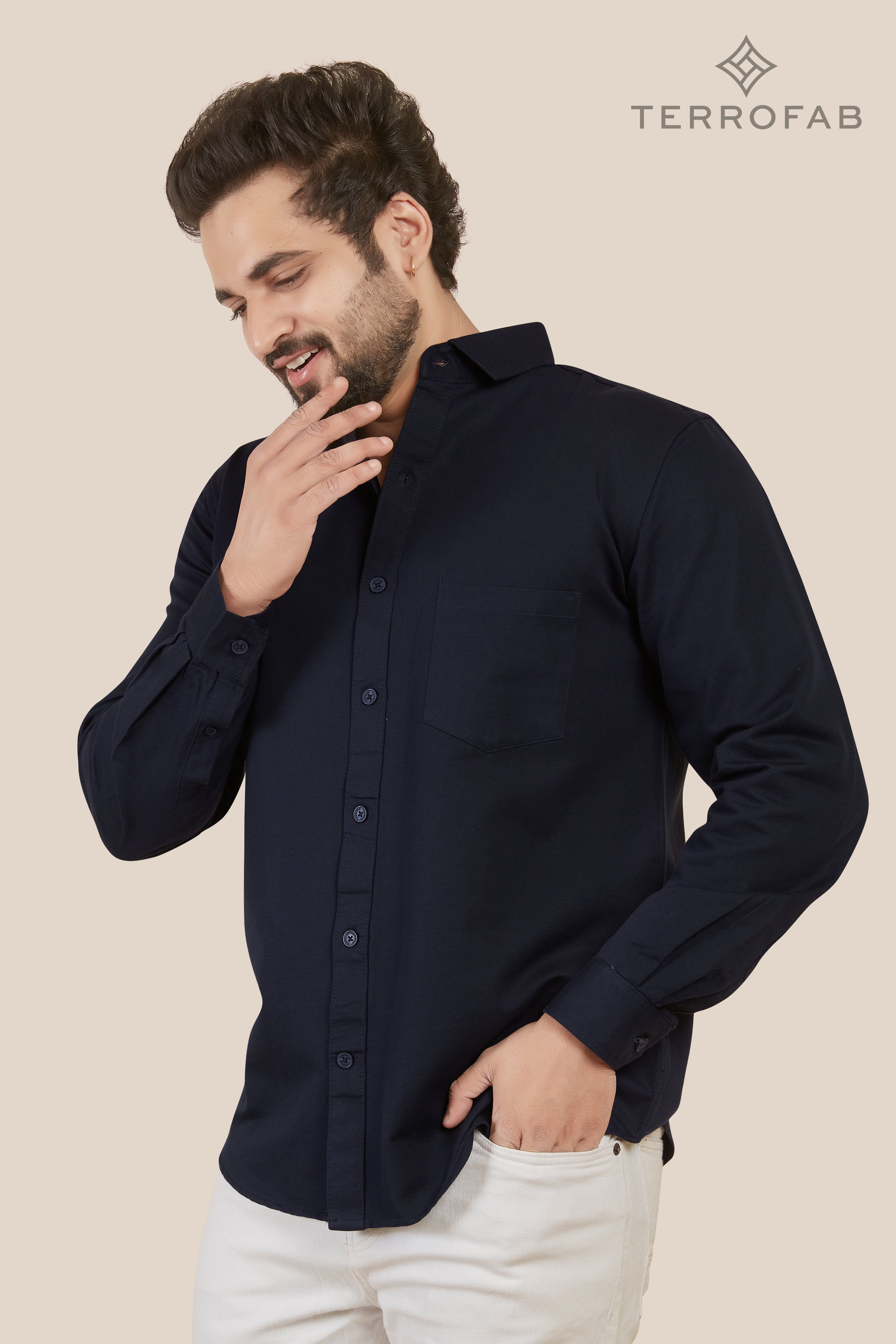 Men’s Deep Navy Micro-Piqué Cotton Shirt