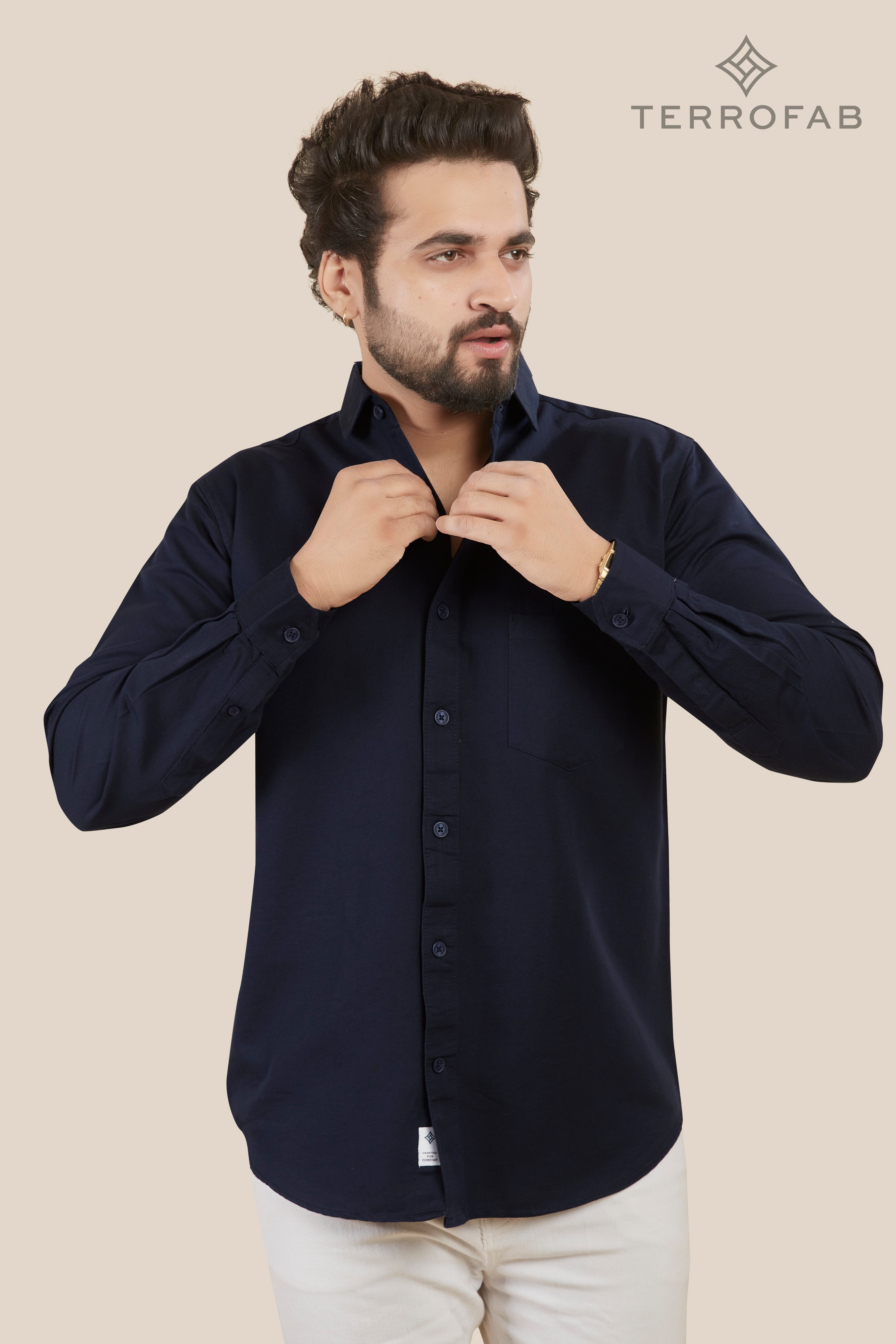 Men’s Deep Navy Micro-Piqué Cotton Shirt