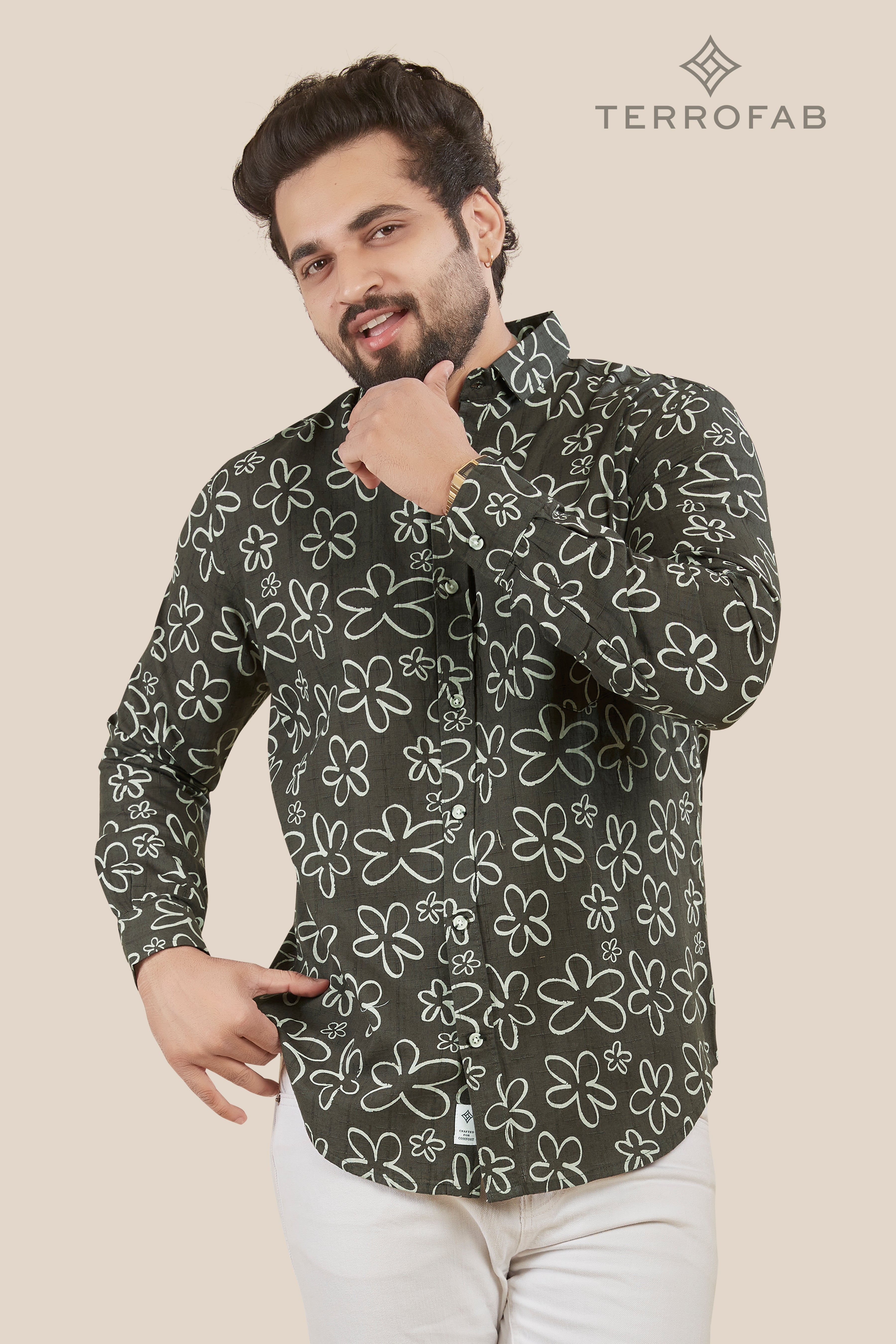 Men’s grey Floral Sketch Print Cotton Shirt