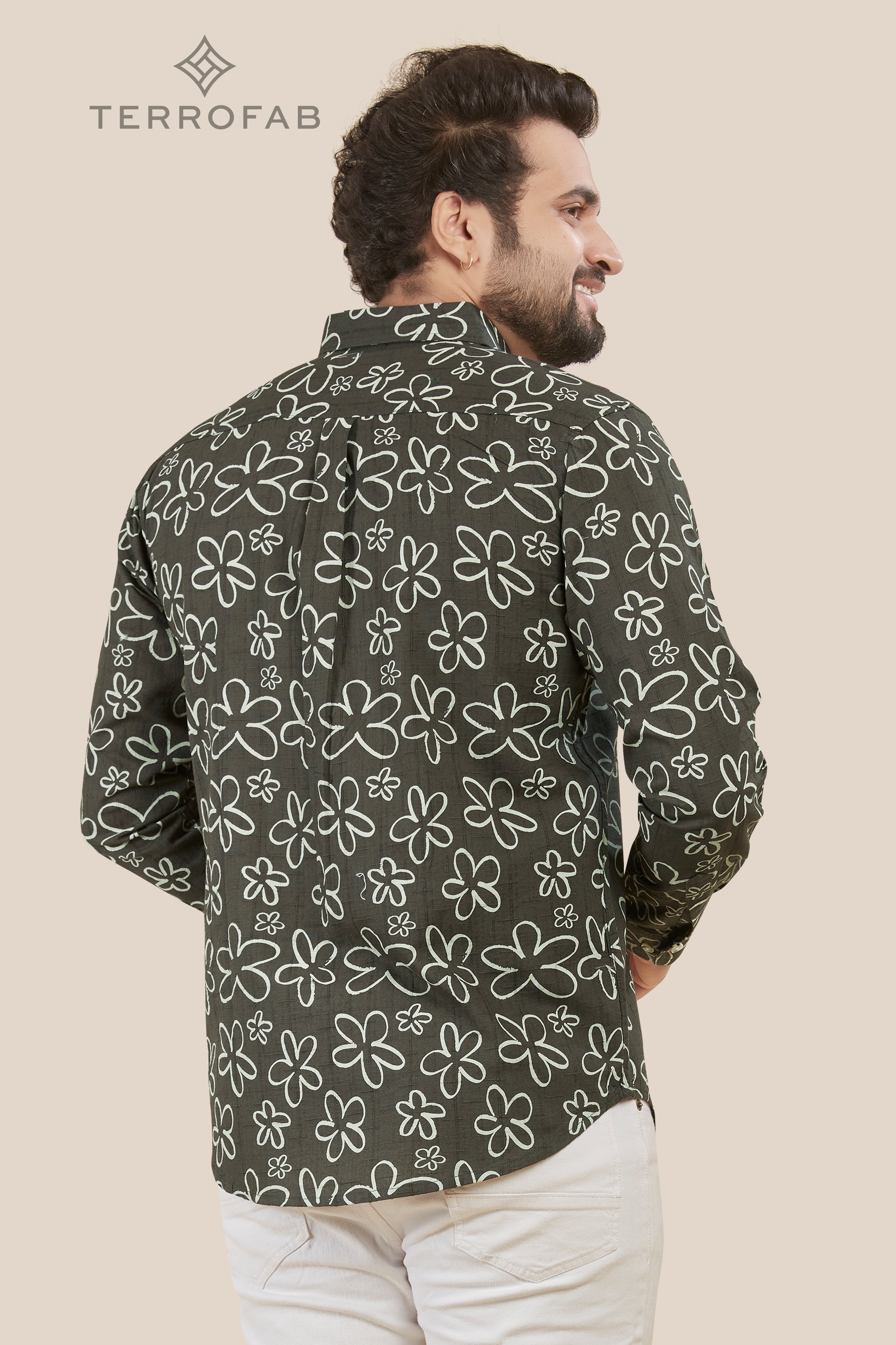 Men’s grey Floral Sketch Print Cotton Shirt