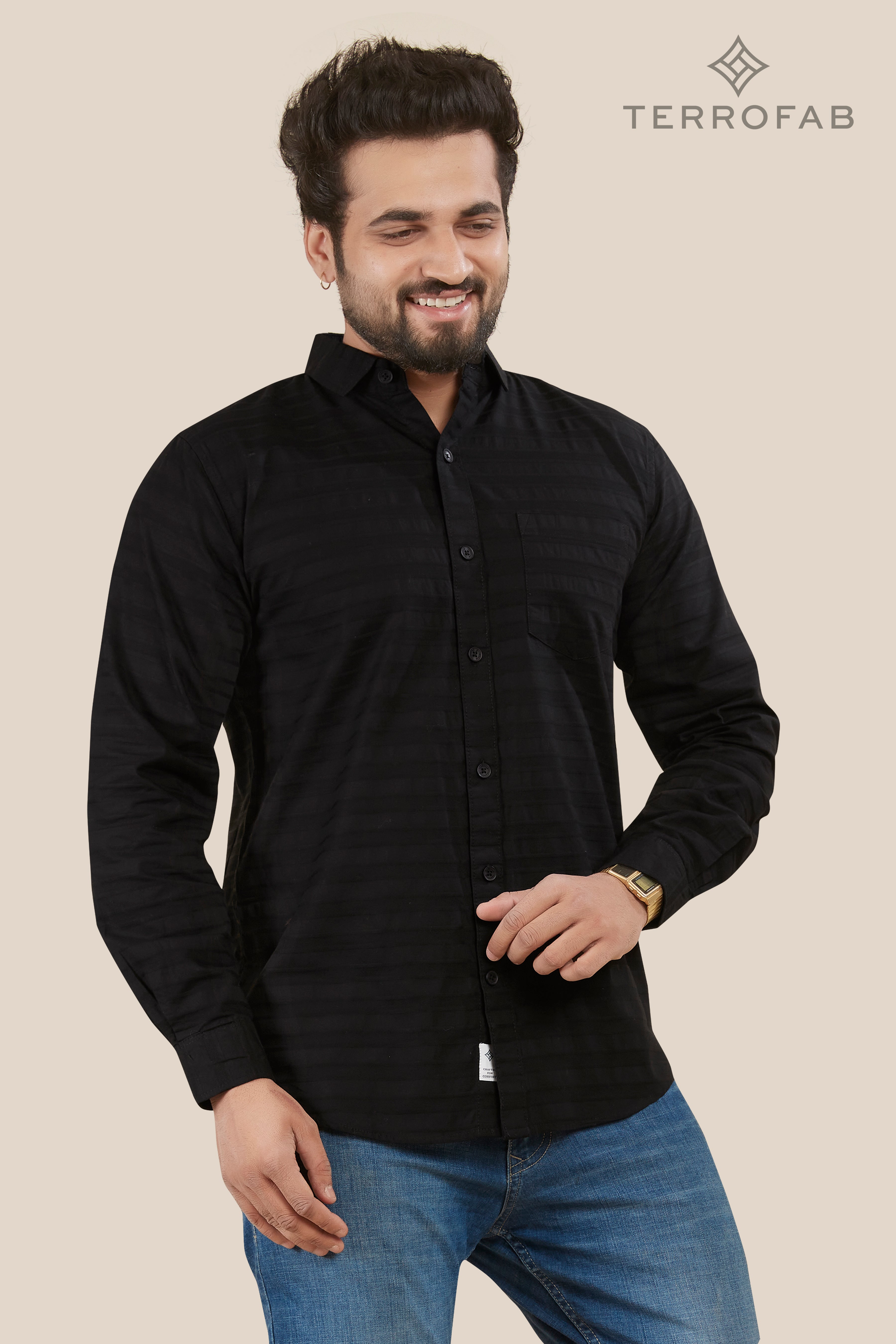 Men’s Obsidian Black Horizontal Stripe Dobby Shirt