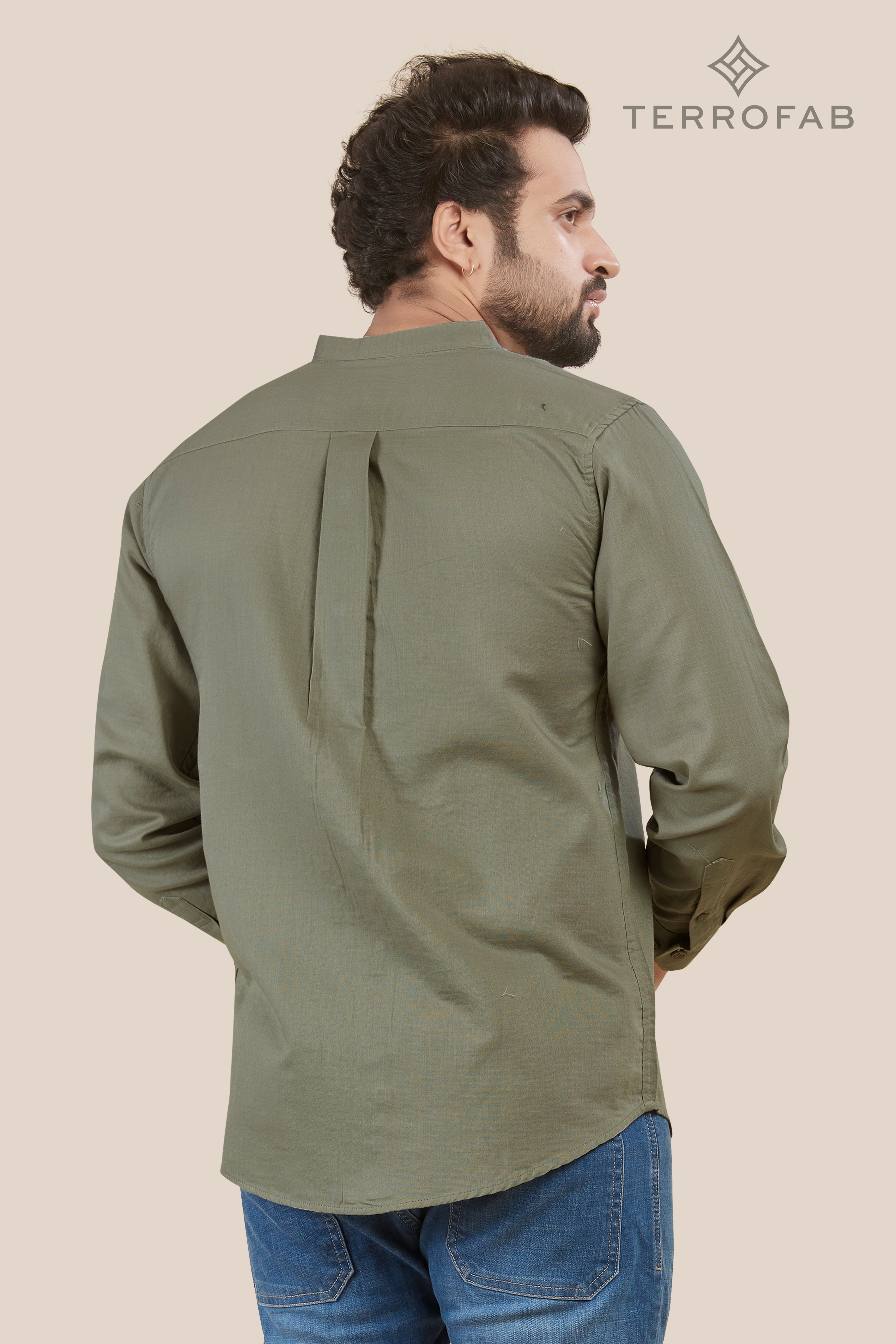 Men’s Sage Moss mandarin Collar Premium Cotton Shirt