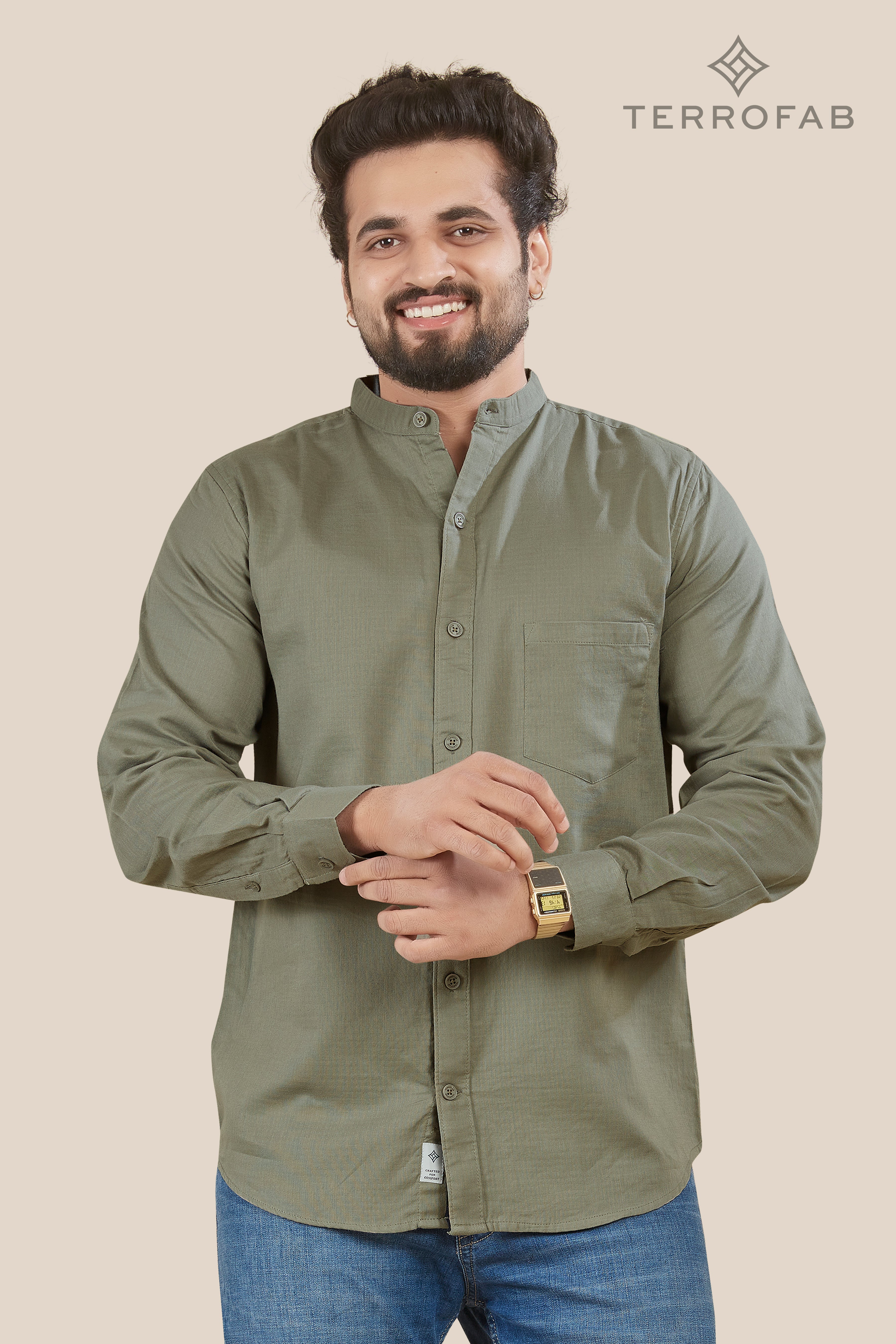 Men’s Sage Moss mandarin Collar Premium Cotton Shirt