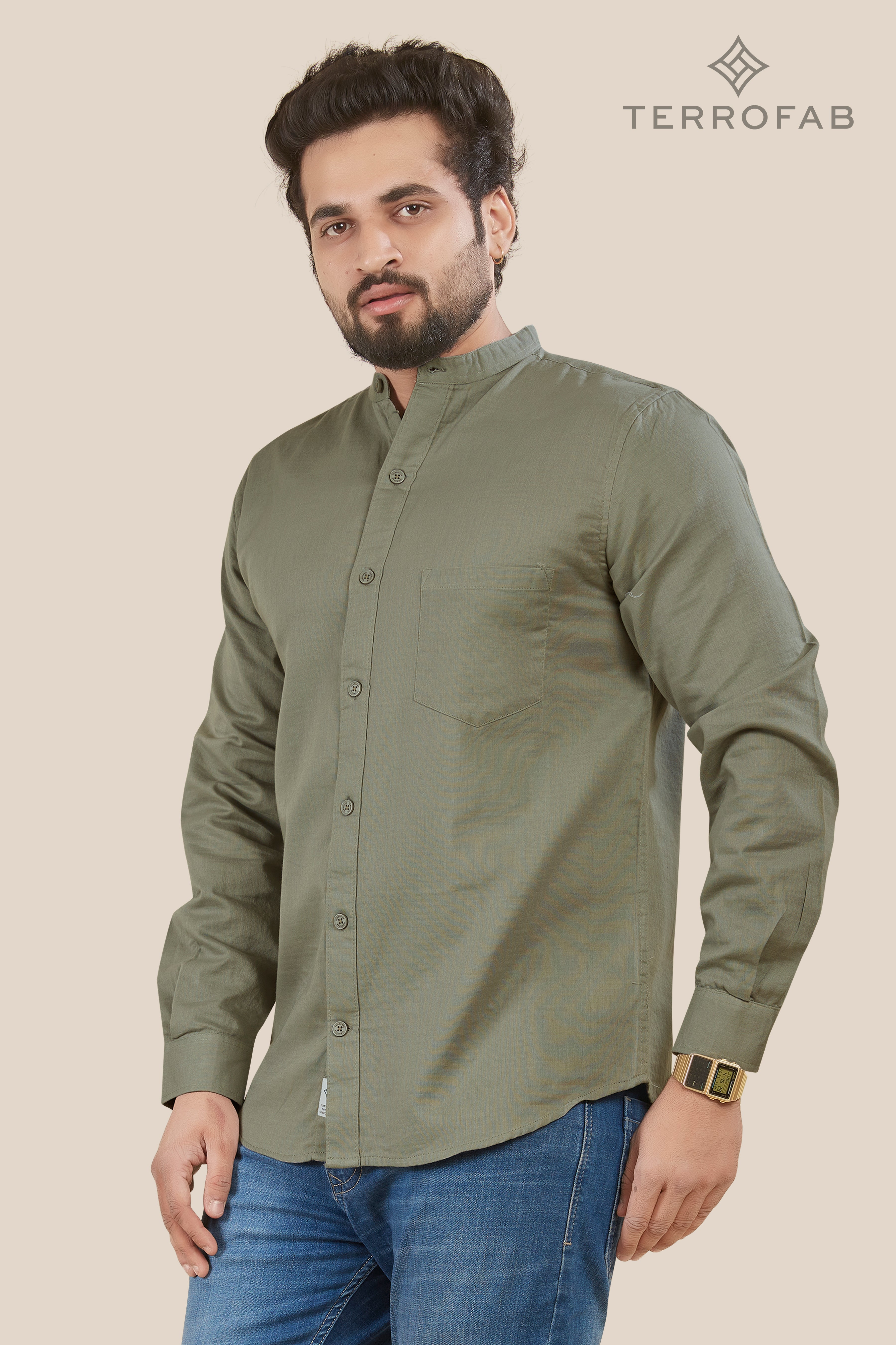 Men’s Sage Moss mandarin Collar Premium Cotton Shirt