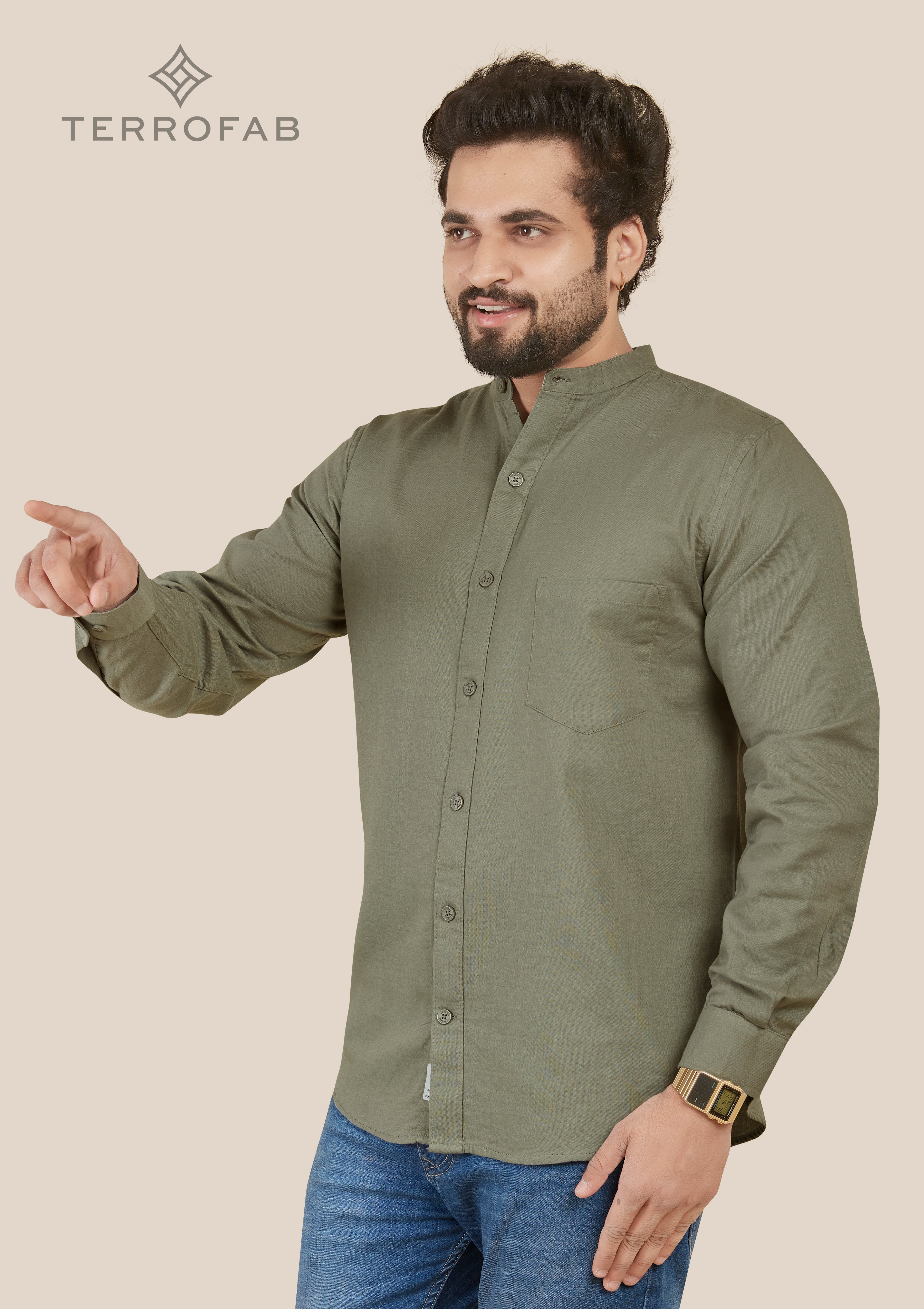 Men’s Sage Moss mandarin Collar Premium Cotton Shirt