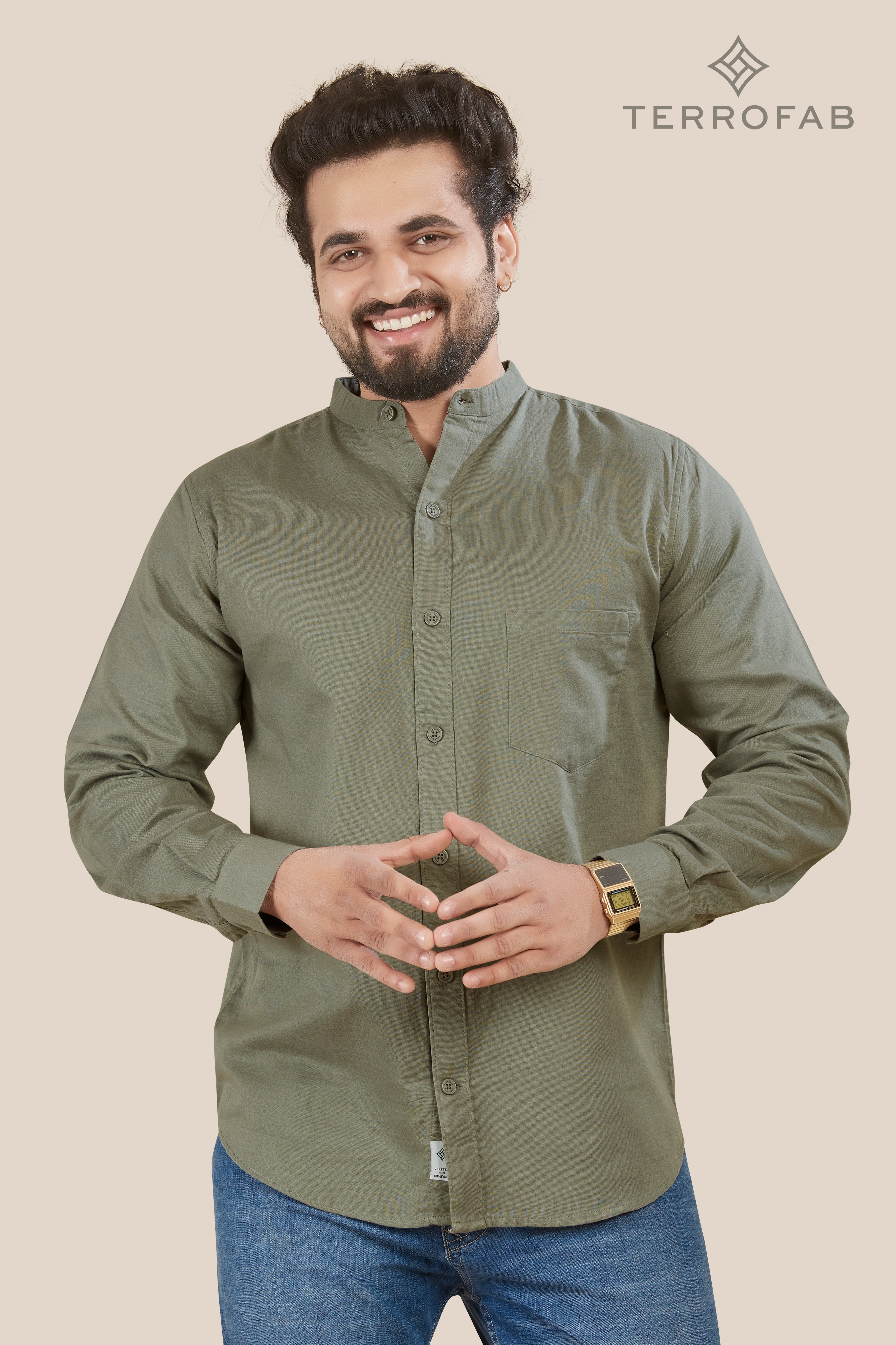 Men’s Sage Moss mandarin Collar Premium Cotton Shirt