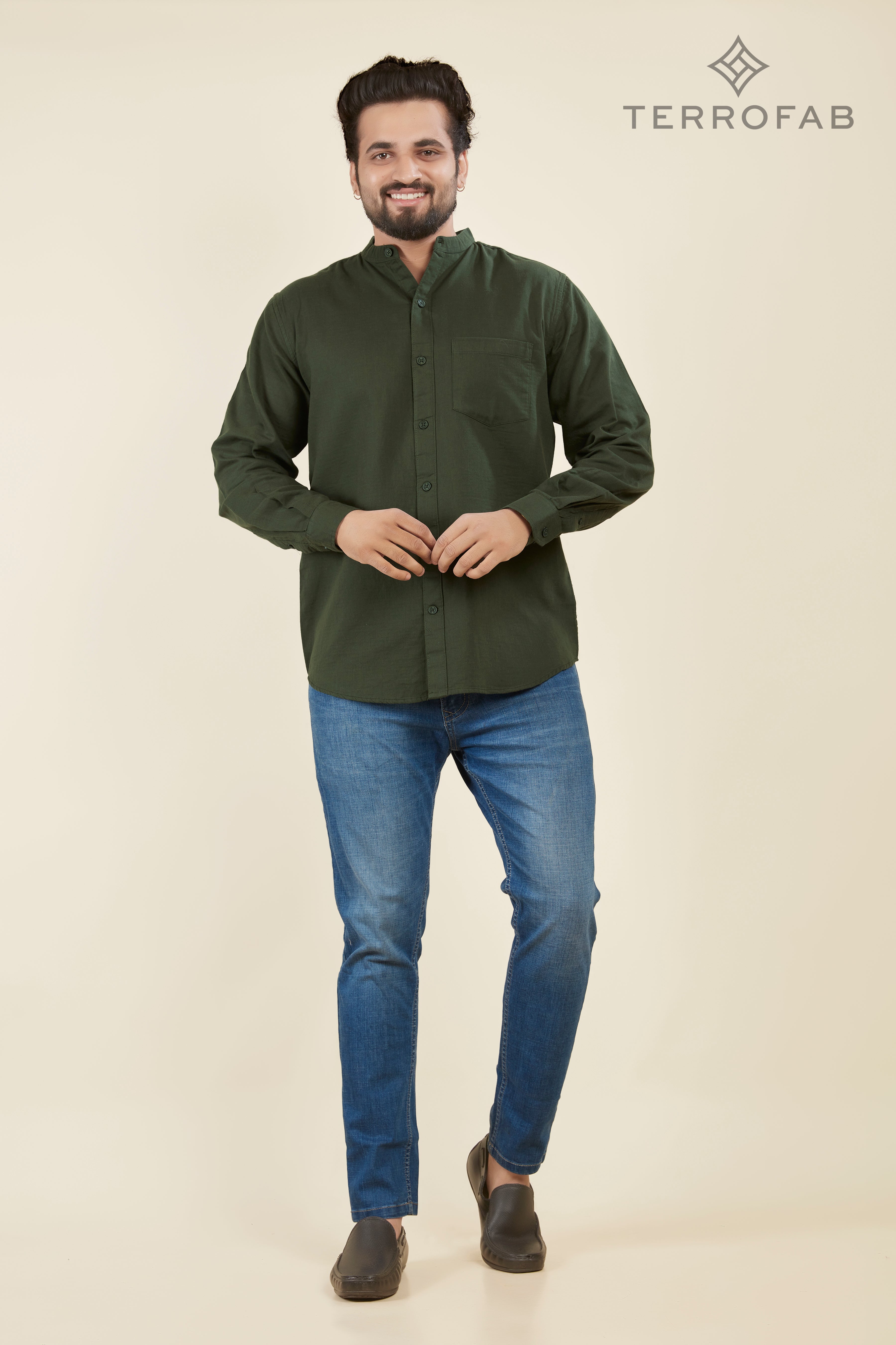 Men’s Deep Forest Green mandarin Collar Cotton Shirt