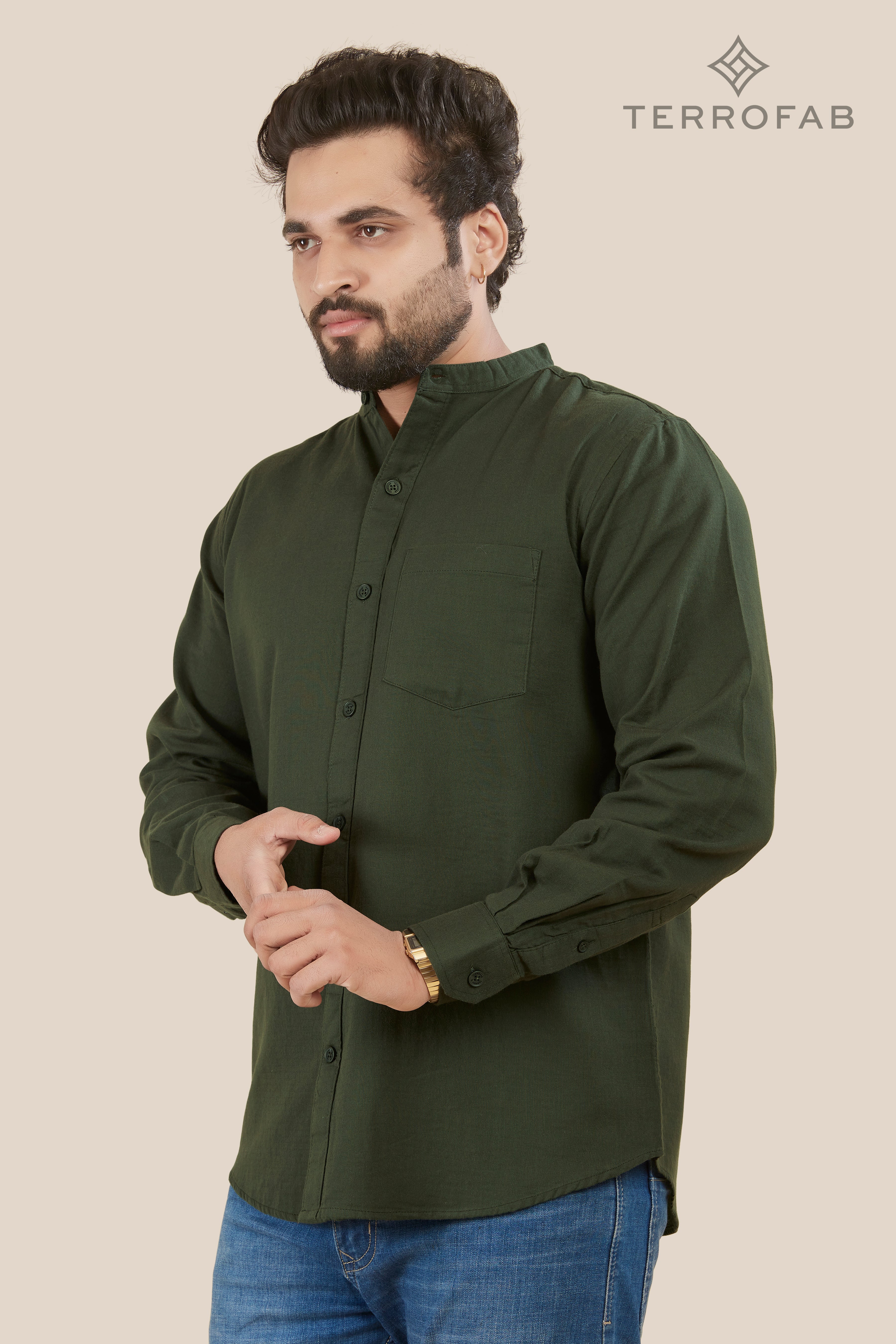 Men’s Deep Forest Green mandarin Collar Cotton Shirt