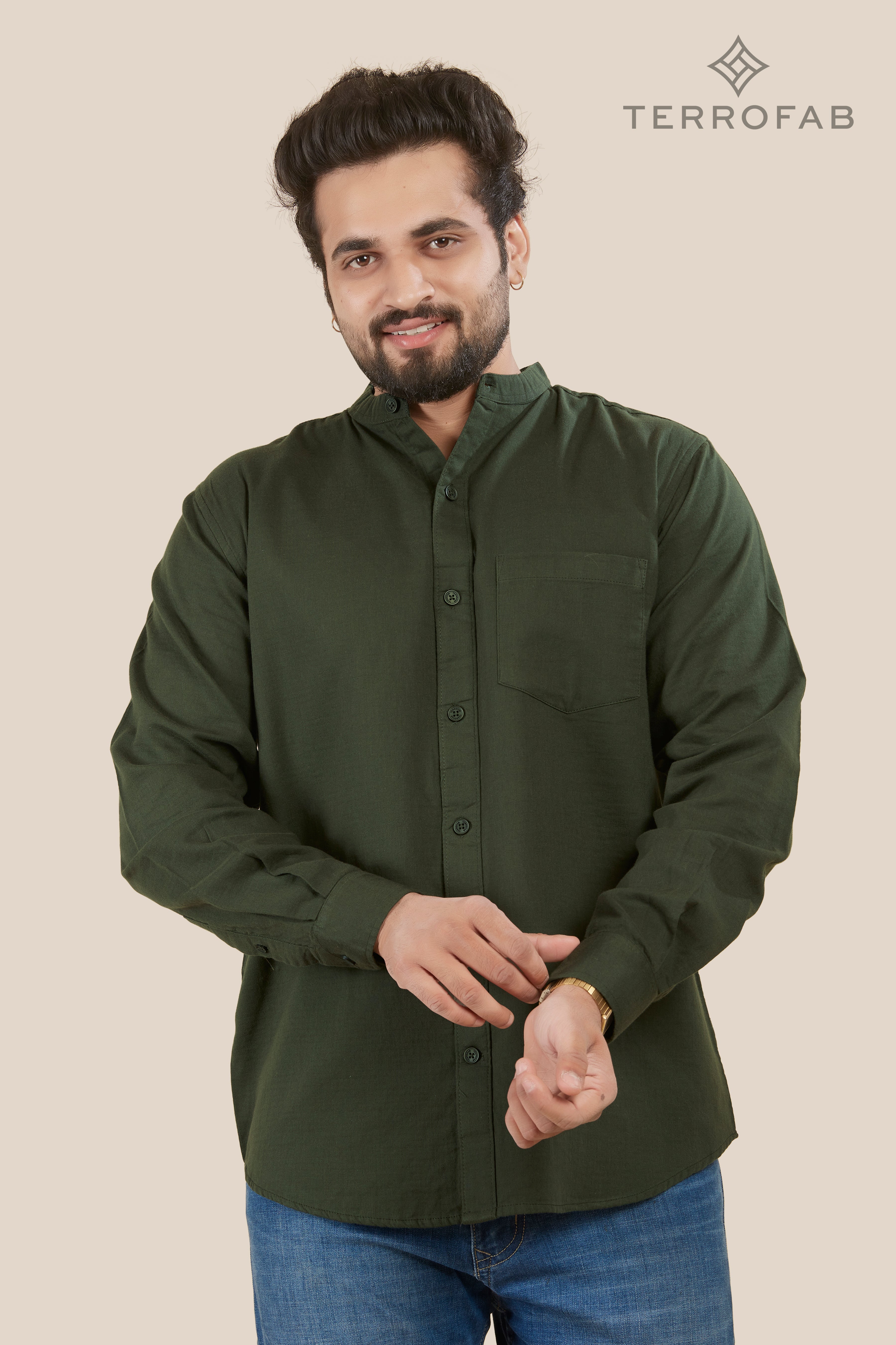 Men’s Deep Forest Green mandarin Collar Cotton Shirt