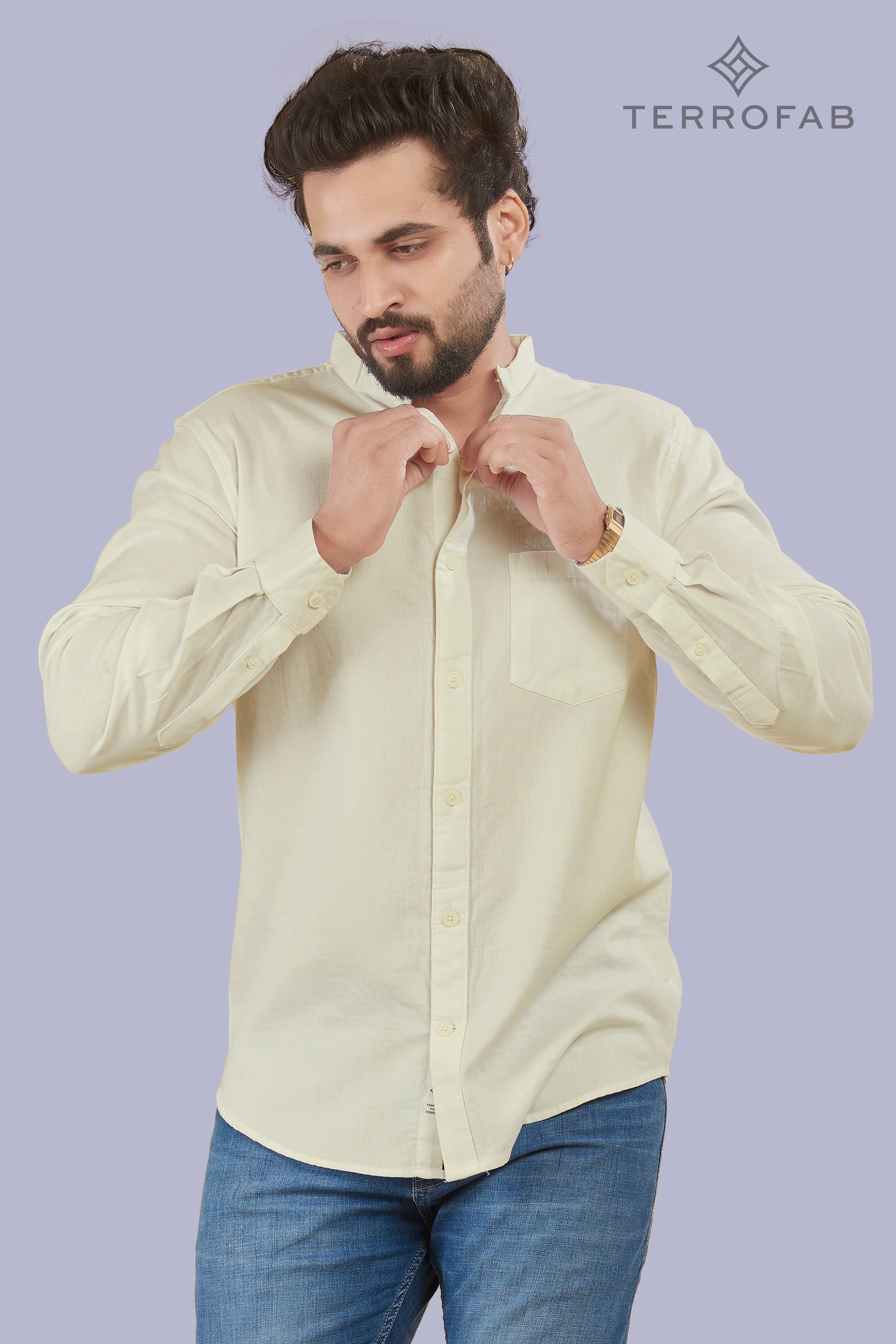 Men’s Soft Pearl white mandarin Collar Textured Cotton Shirt