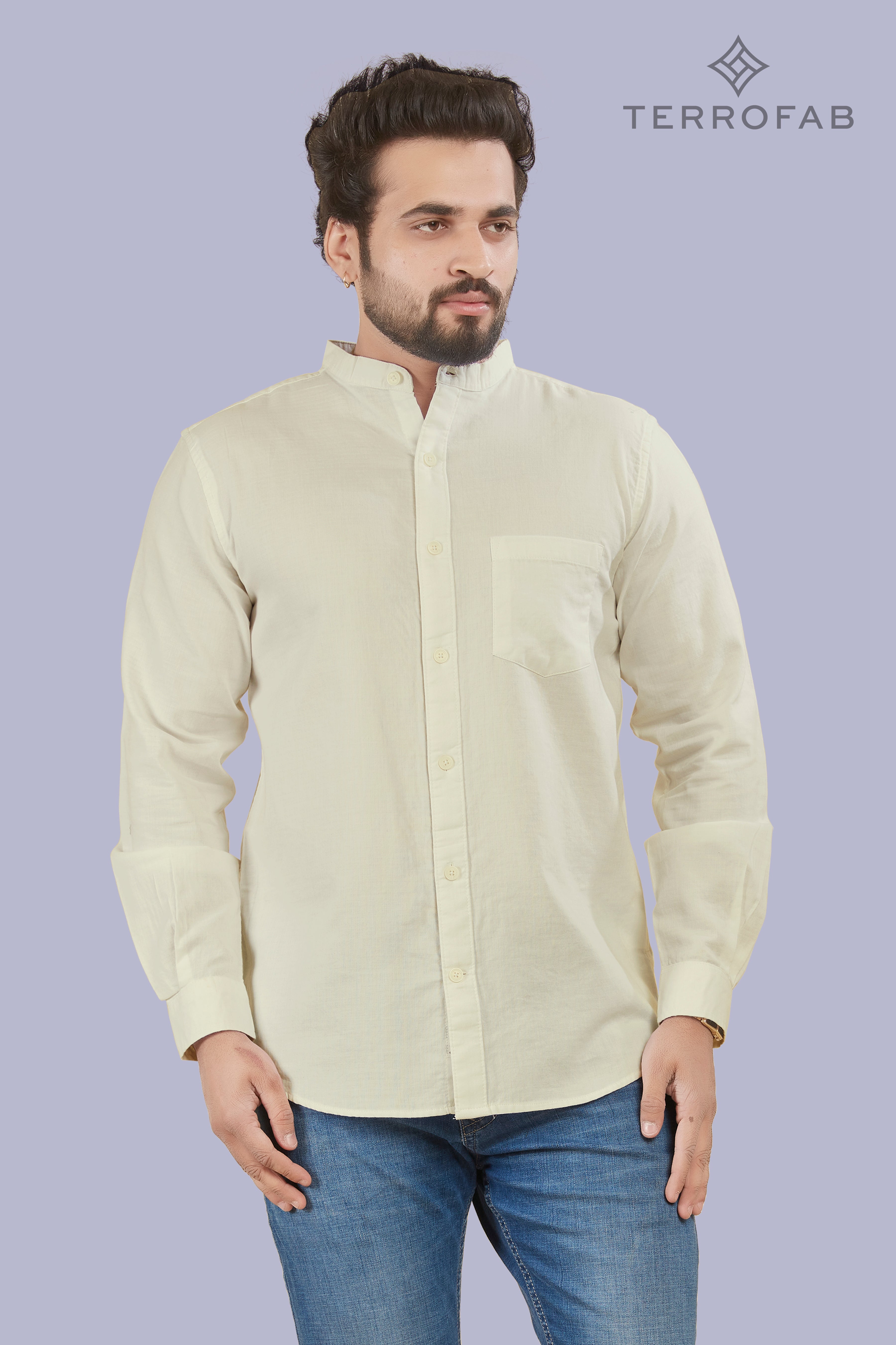 Men’s Soft Pearl white mandarin Collar Textured Cotton Shirt