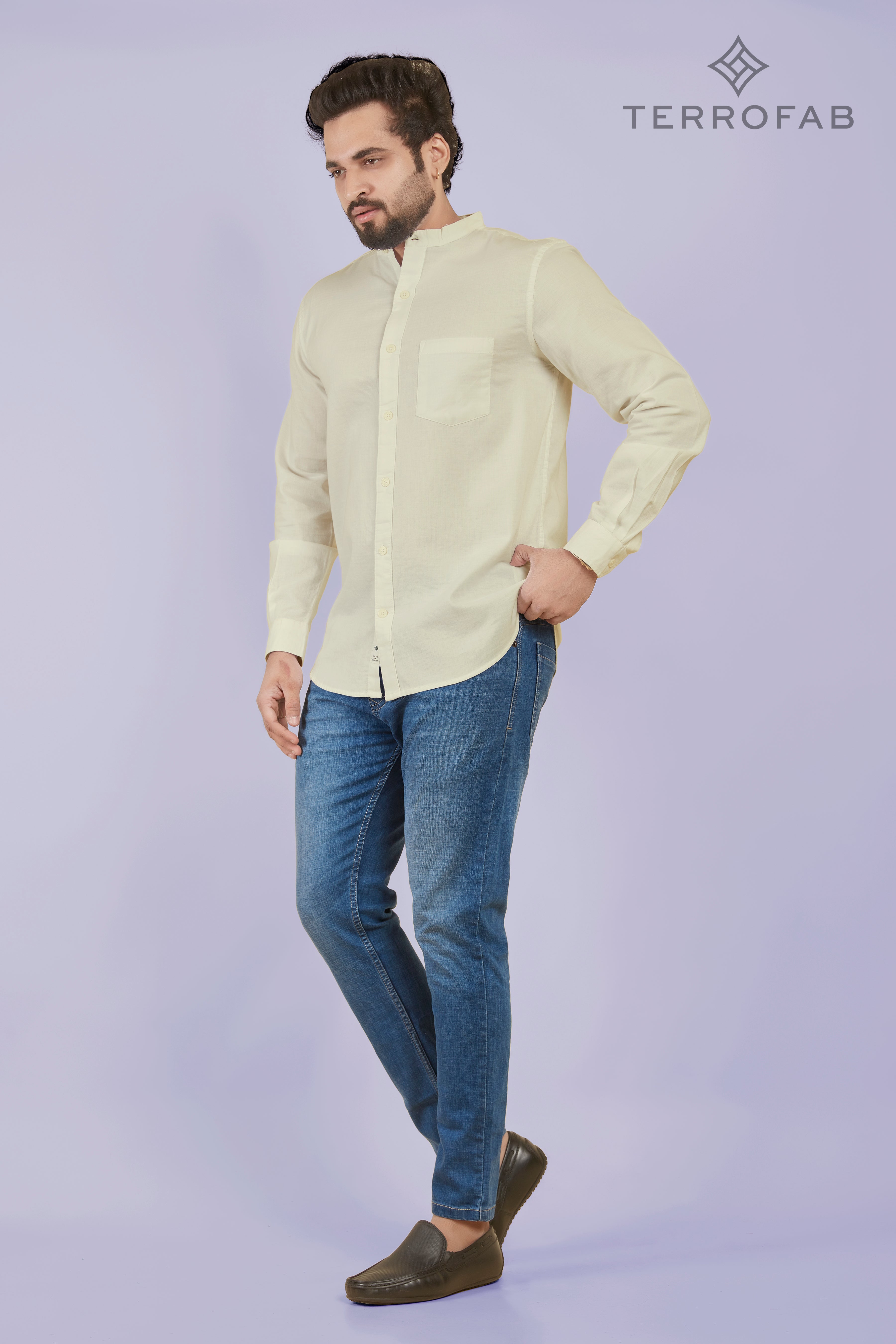Men’s Soft Pearl white mandarin Collar Textured Cotton Shirt