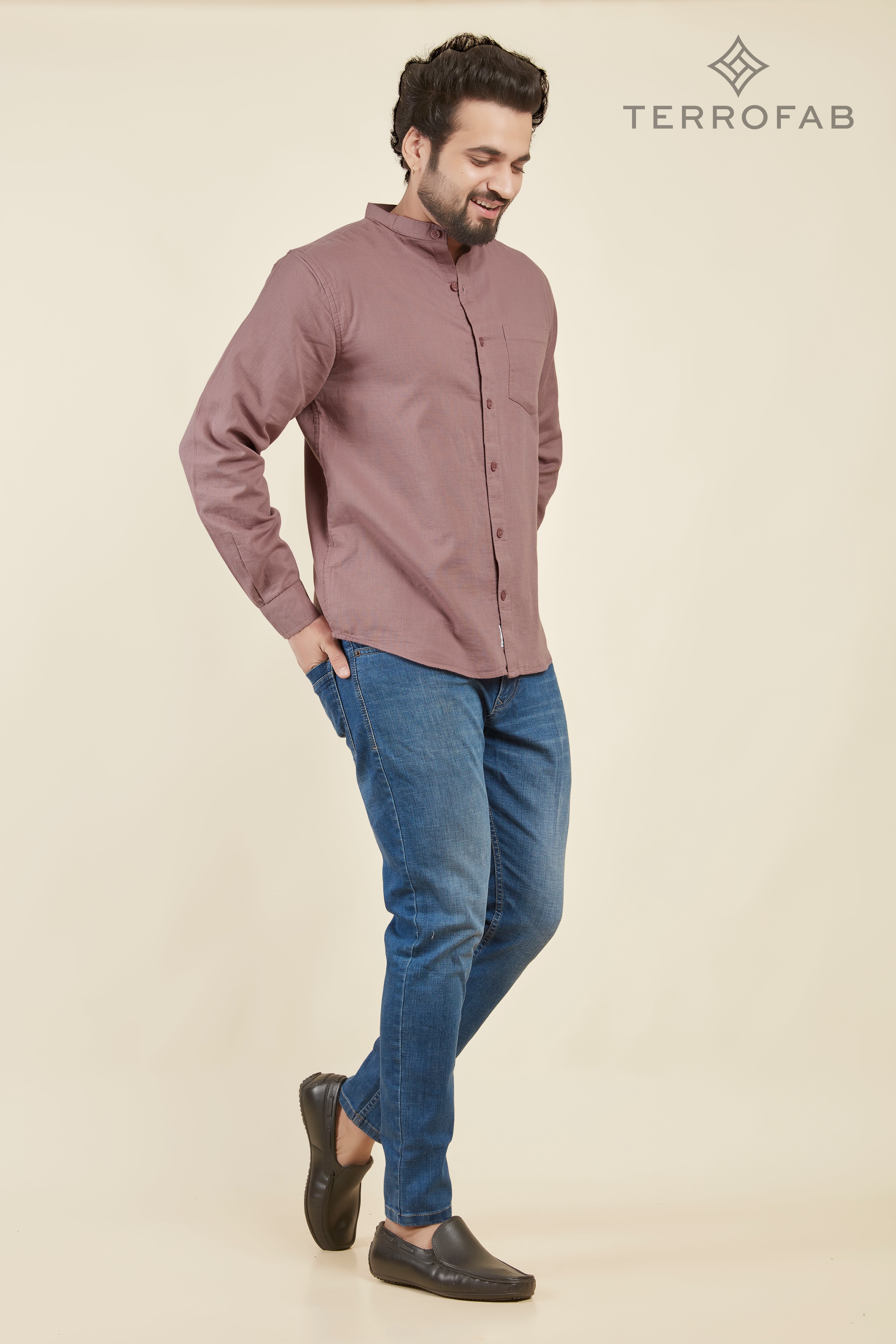 Men’s Dusty Rose mandarin Collar Cross-Hatch Shirt