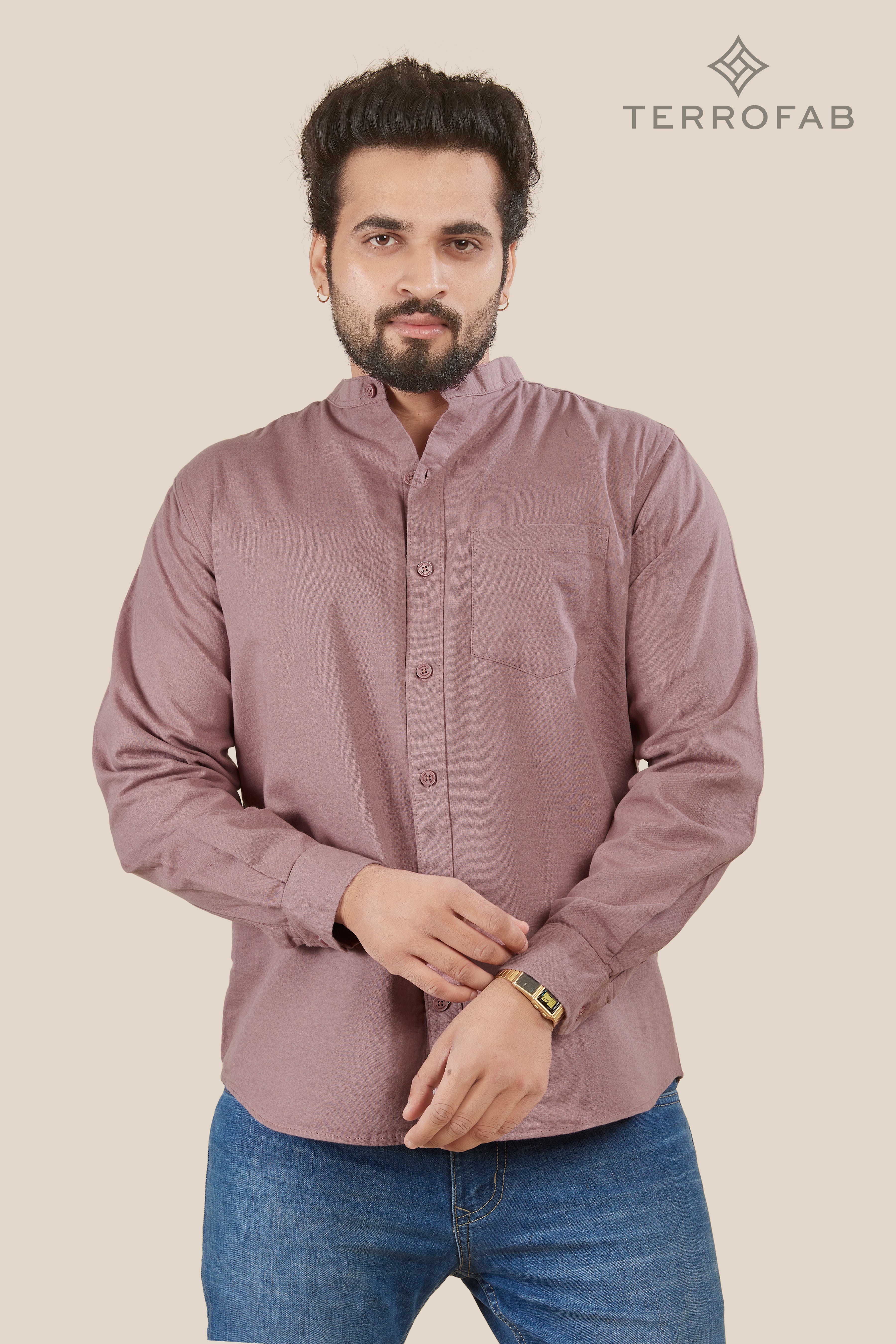 Men’s Dusty Rose mandarin Collar Cross-Hatch Shirt