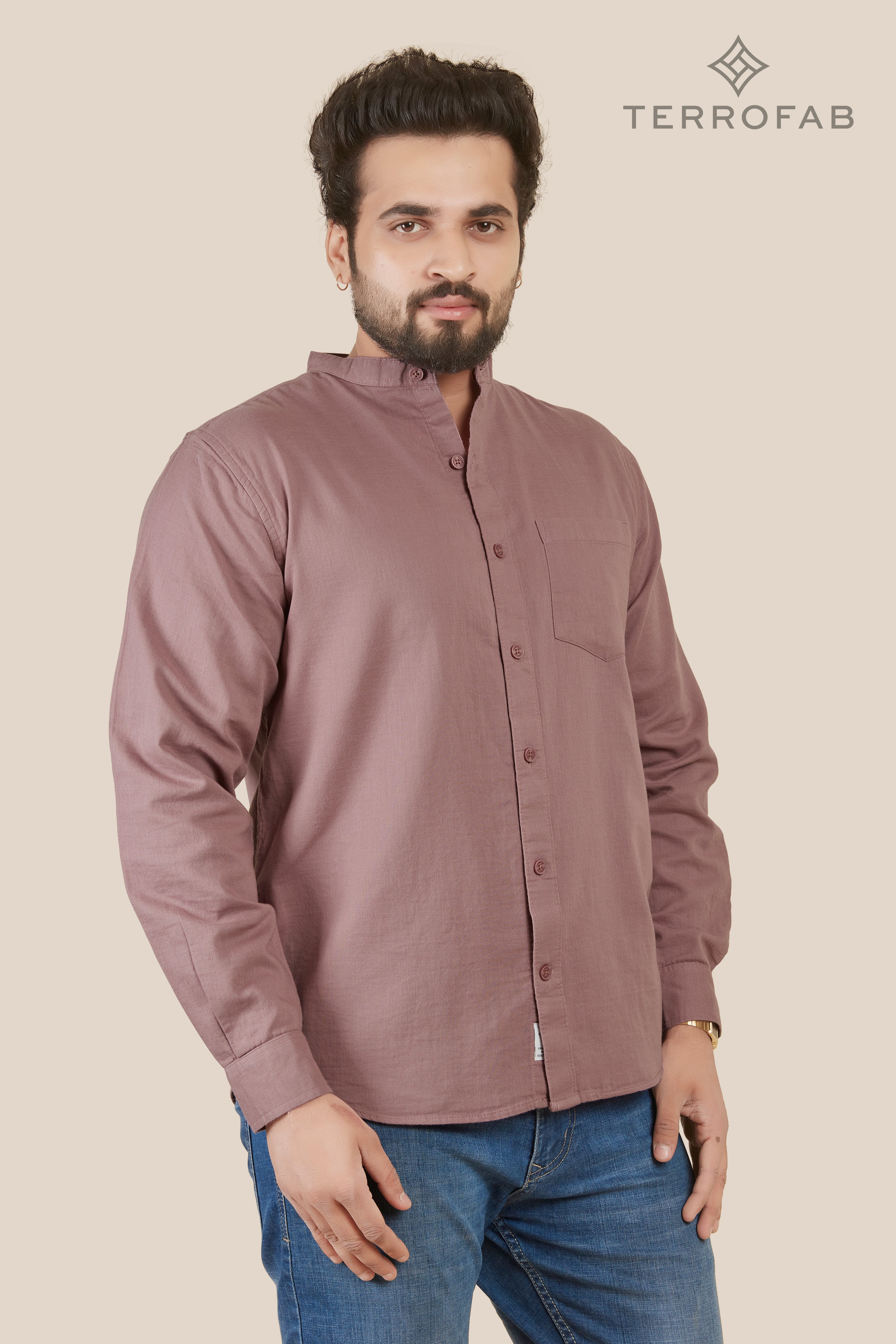 Men’s Dusty Rose mandarin Collar Cross-Hatch Shirt