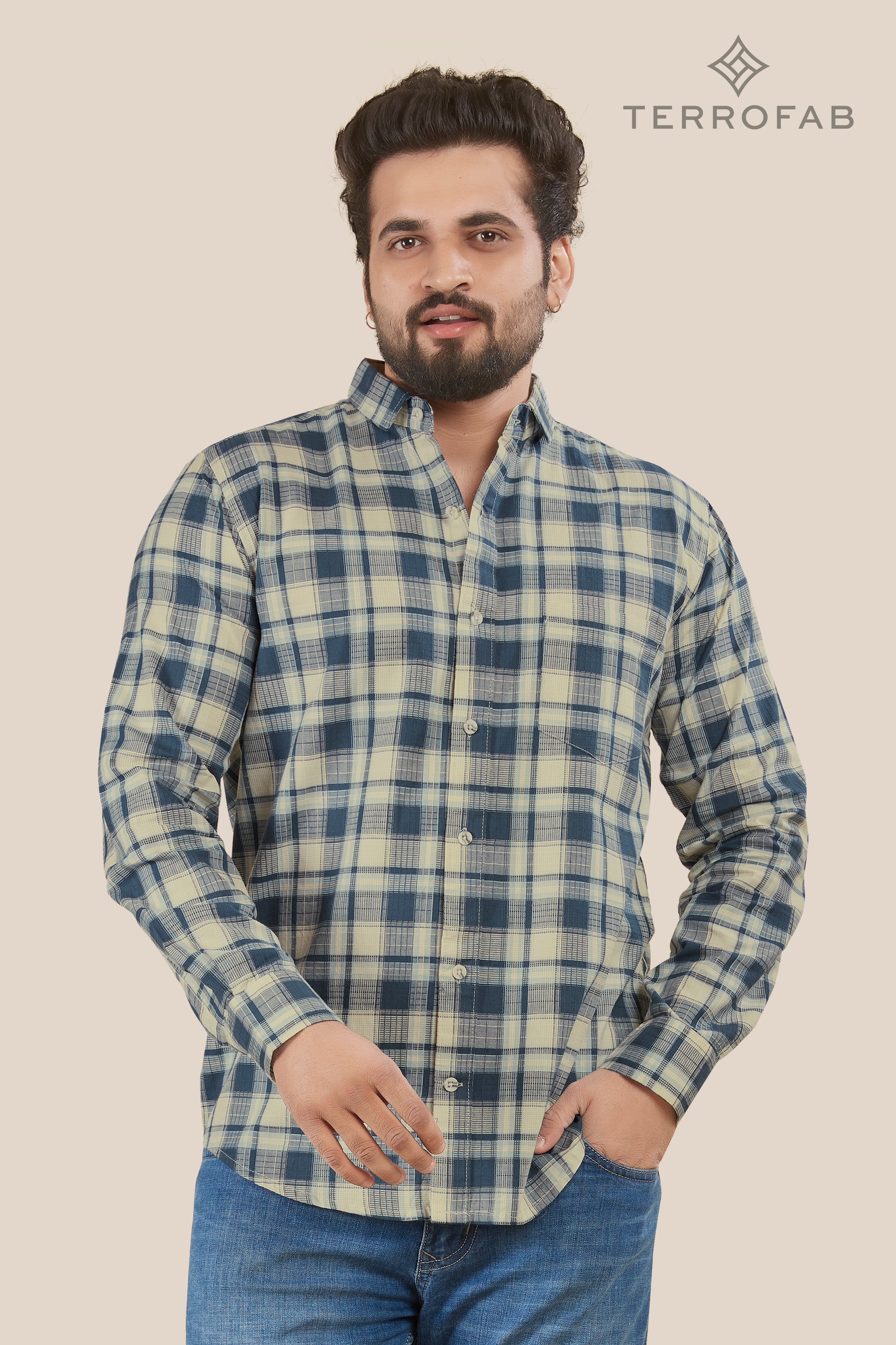 Men’s Pale Off-White & Charcoal Windowpane Check Shirt