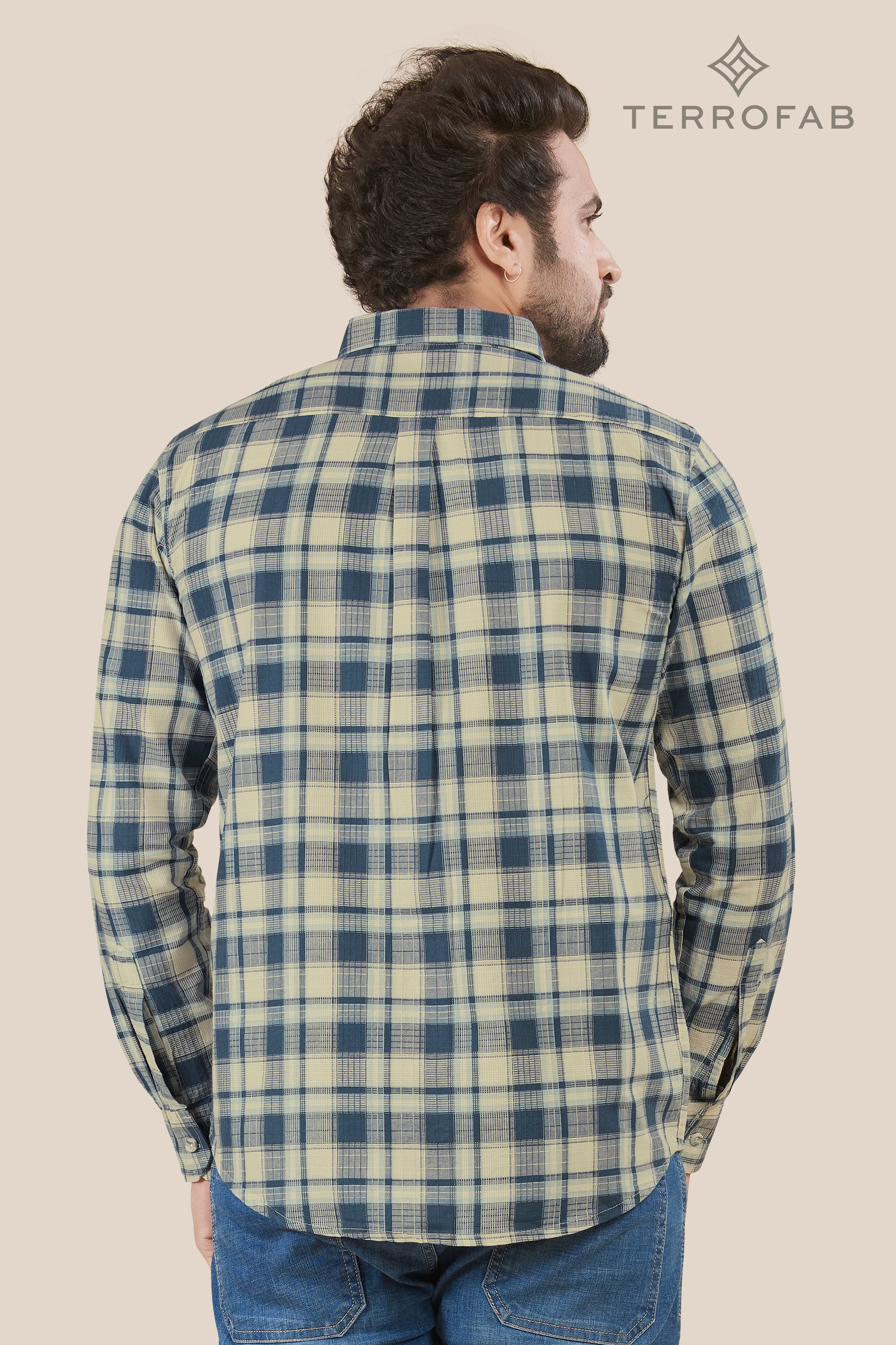 Men’s Pale Off-White & Charcoal Windowpane Check Shirt