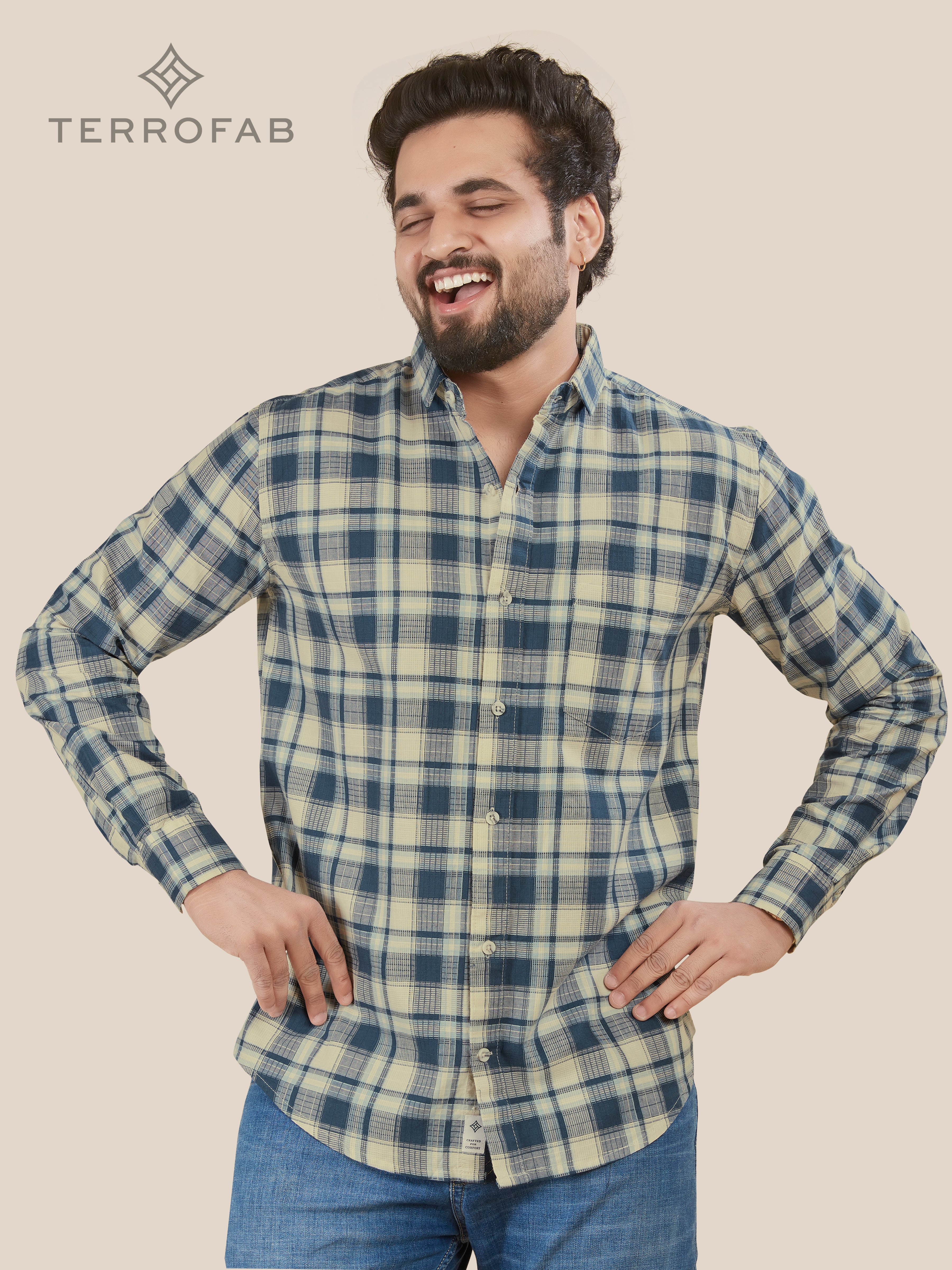 Men’s Pale Off-White & Charcoal Windowpane Check Shirt