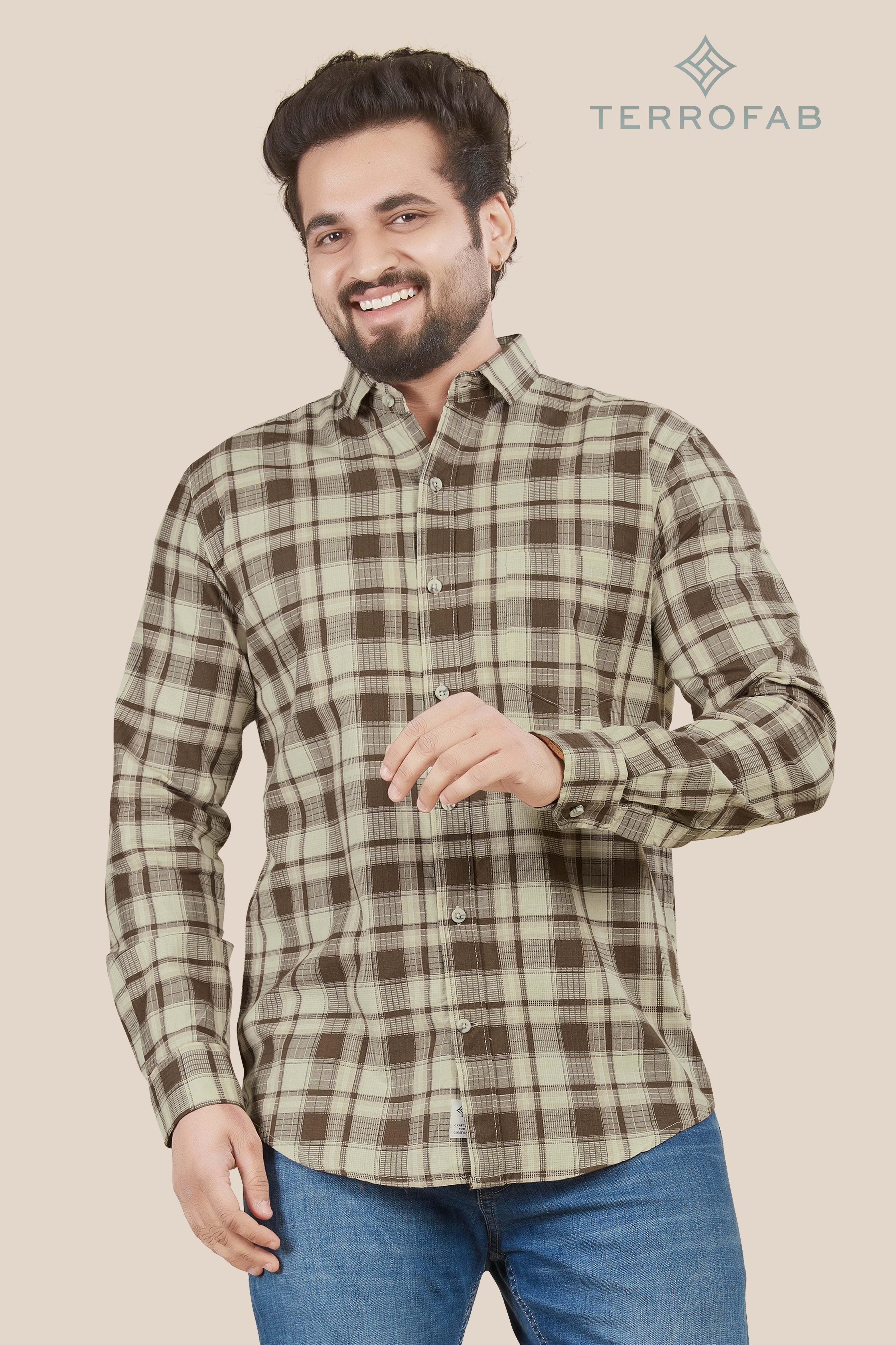 Men’s Off-White & Brown Windowpane Plaid Shirt
