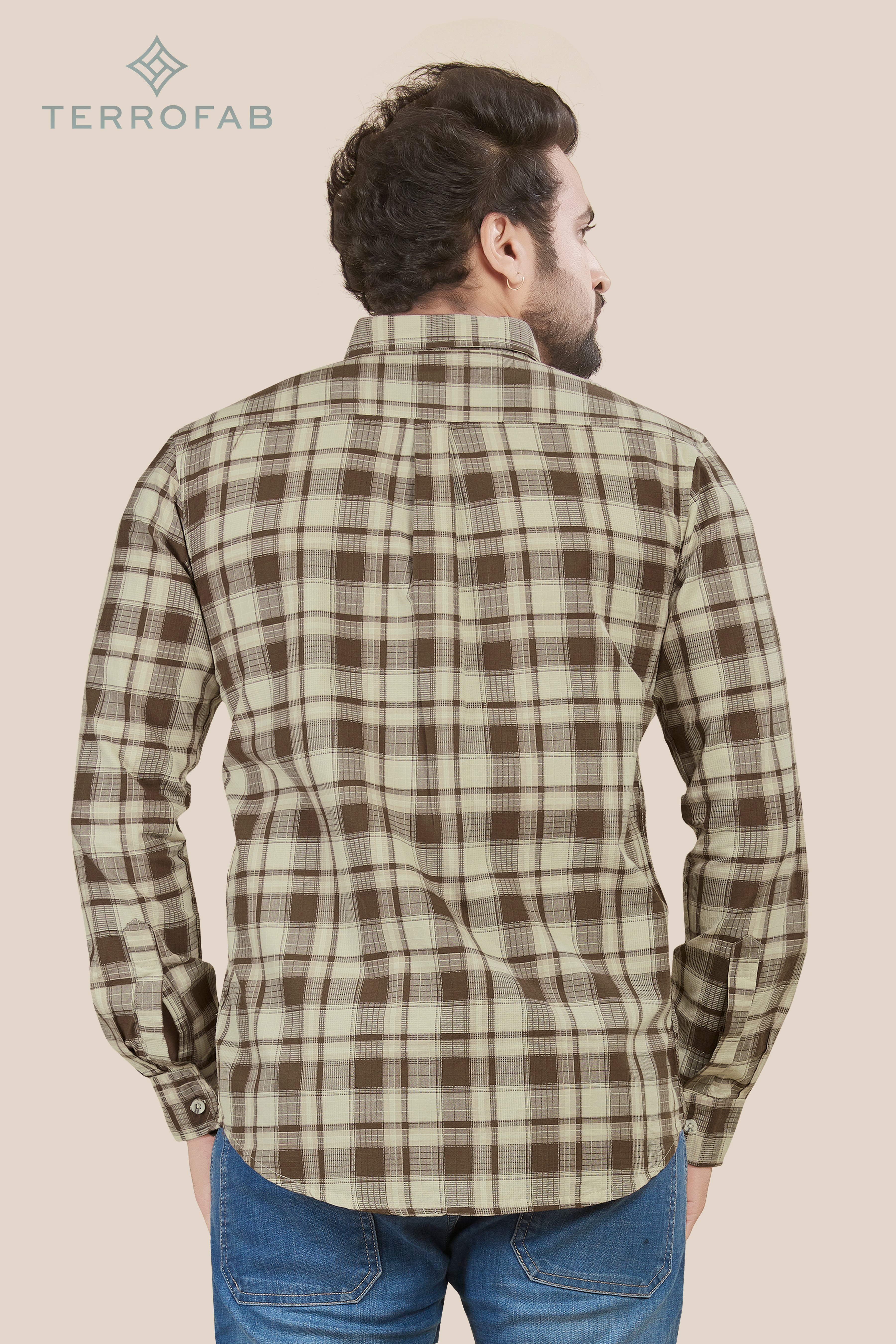 Men’s Off-White & Brown Windowpane Plaid Shirt