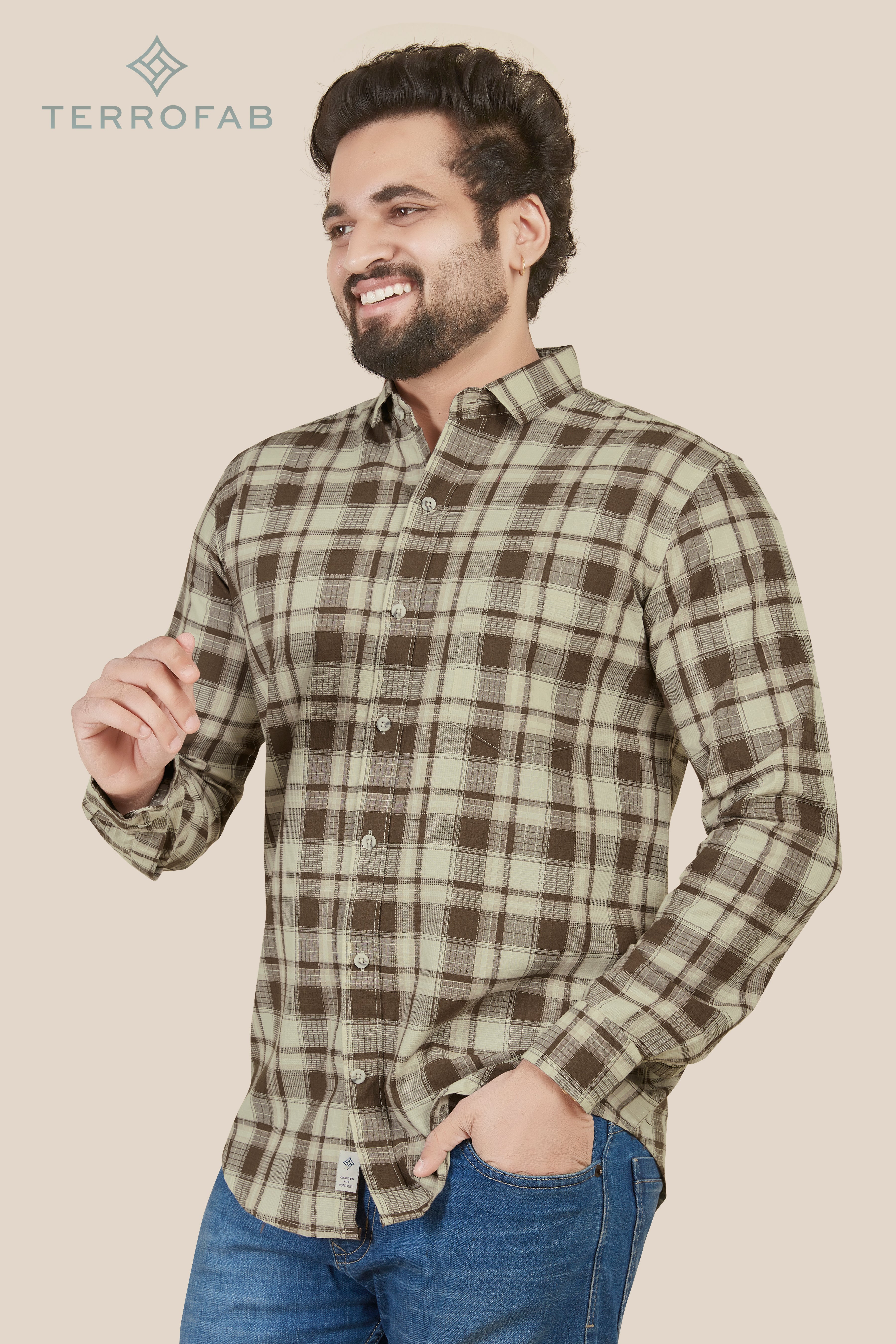 Men’s Off-White & Brown Windowpane Plaid Shirt