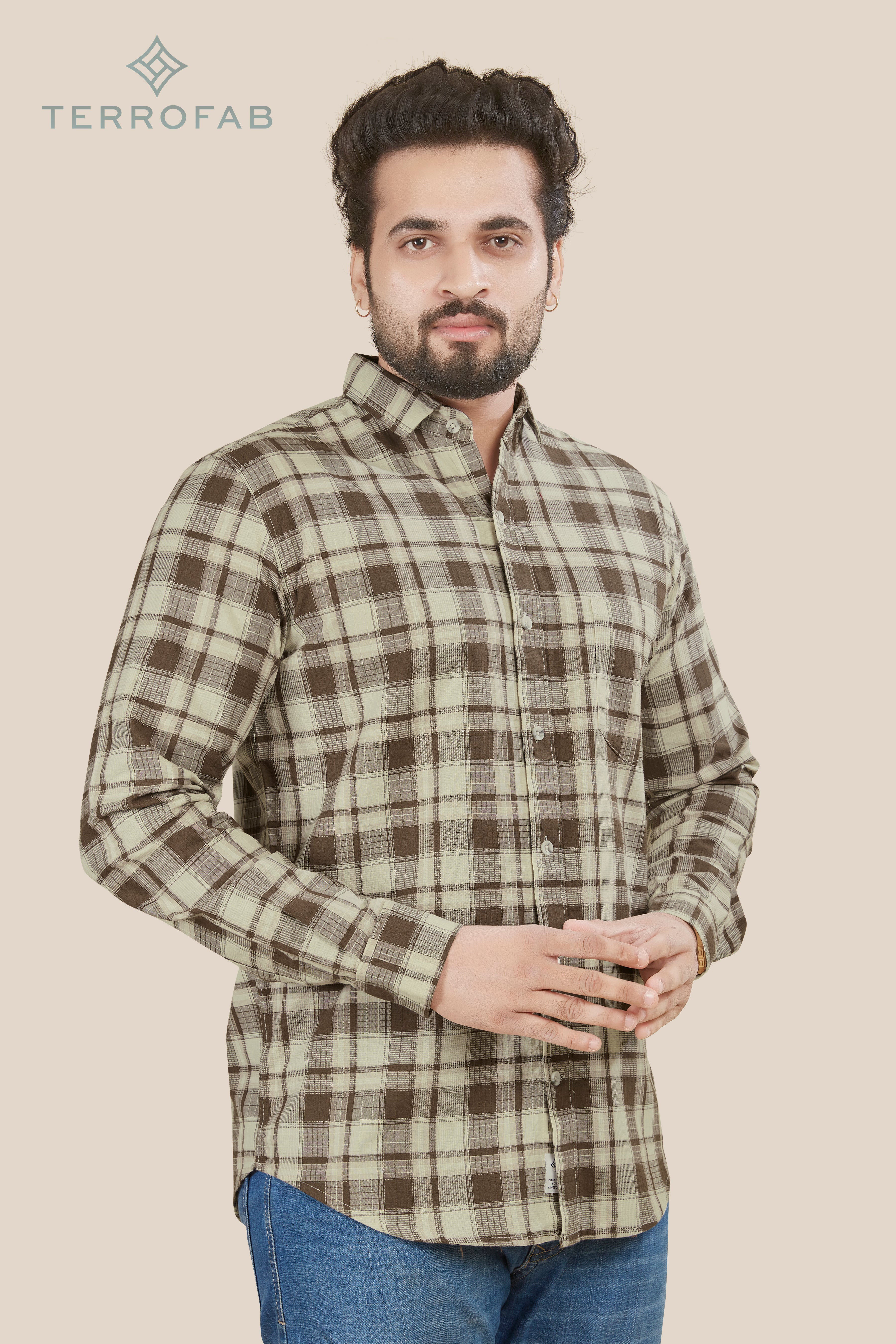 Men’s Off-White & Brown Windowpane Plaid Shirt