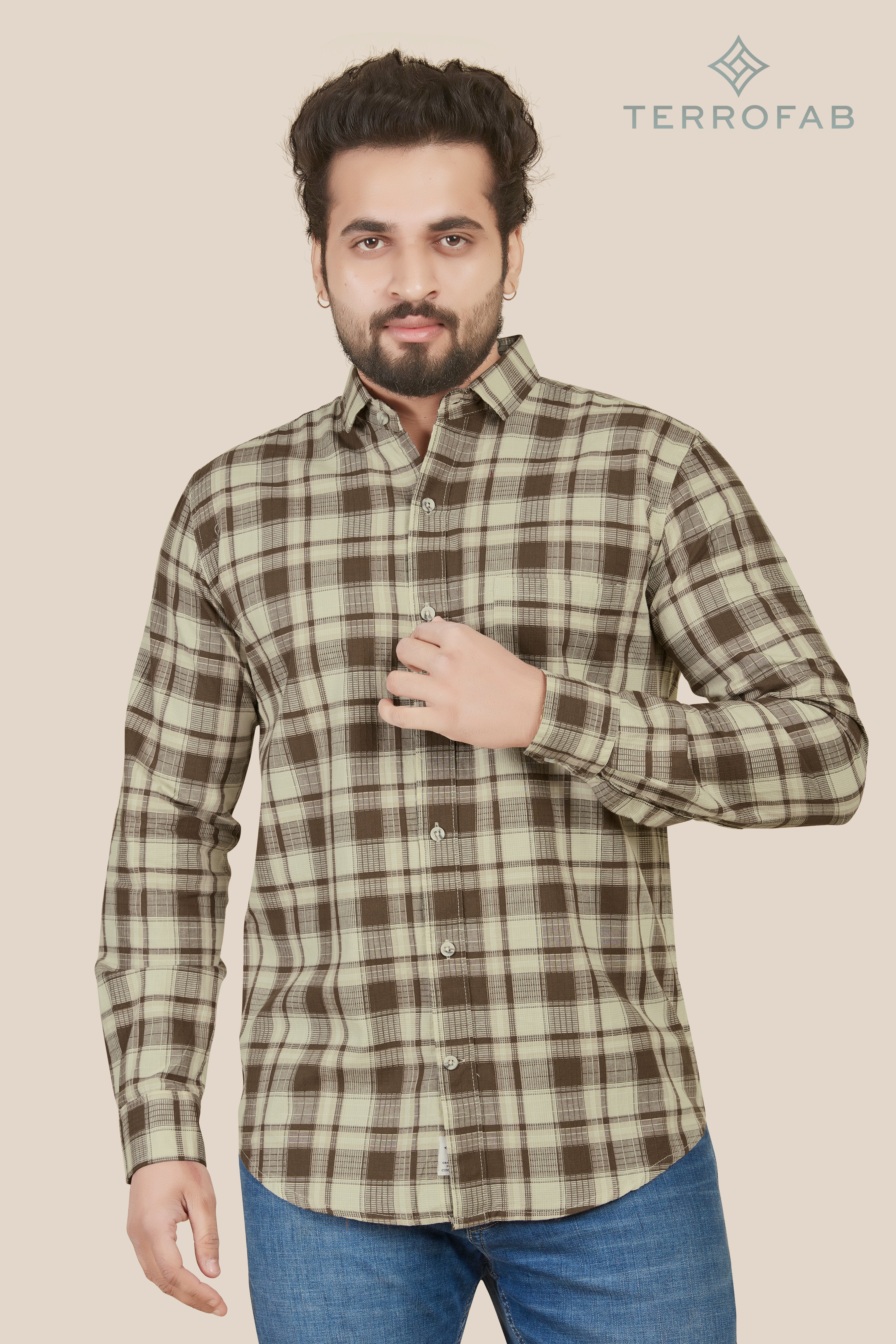 Men’s Off-White & Brown Windowpane Plaid Shirt
