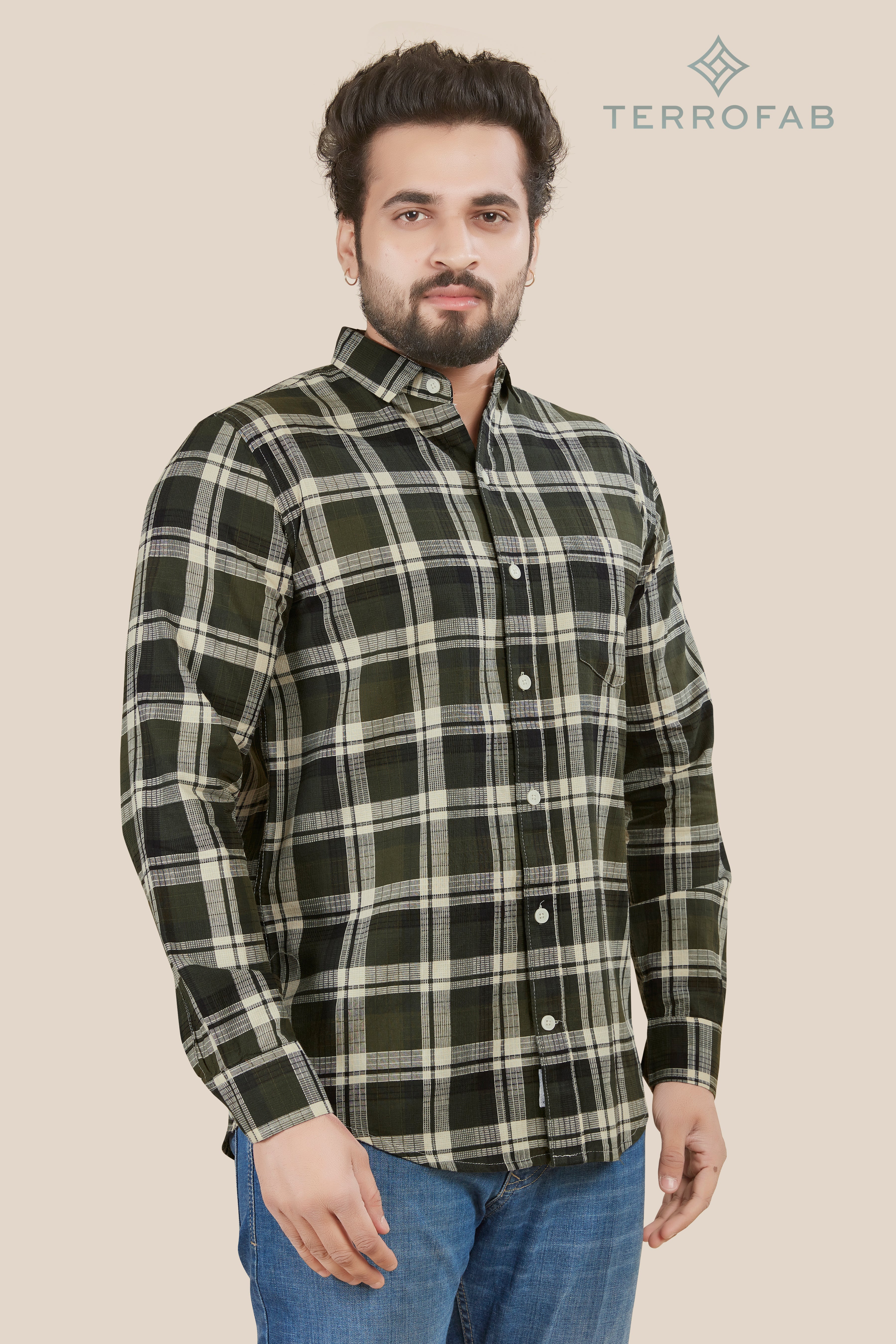Men’s Olive & Off-White Shadow Plaid Shirt