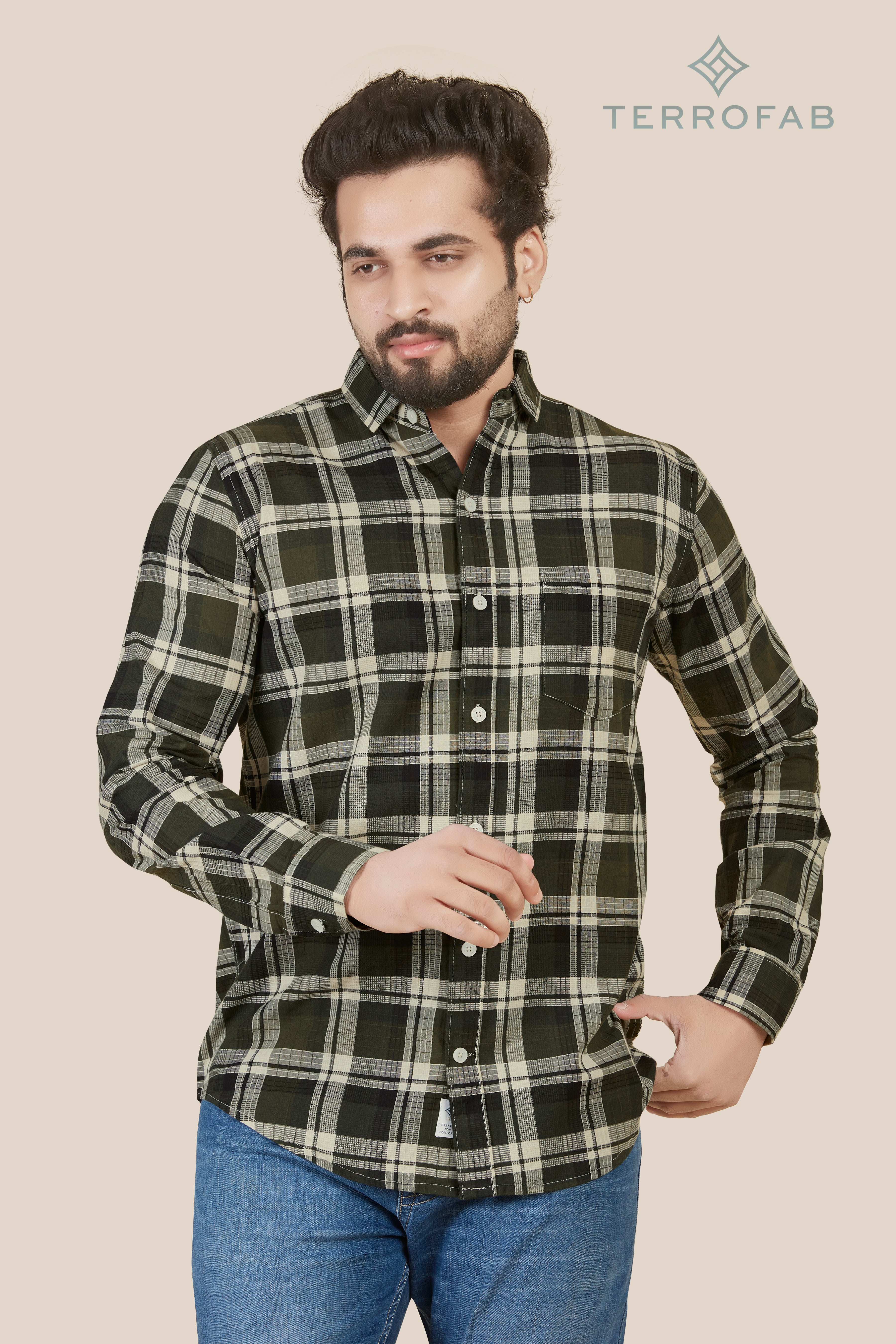 Men’s Olive & Off-White Shadow Plaid Shirt