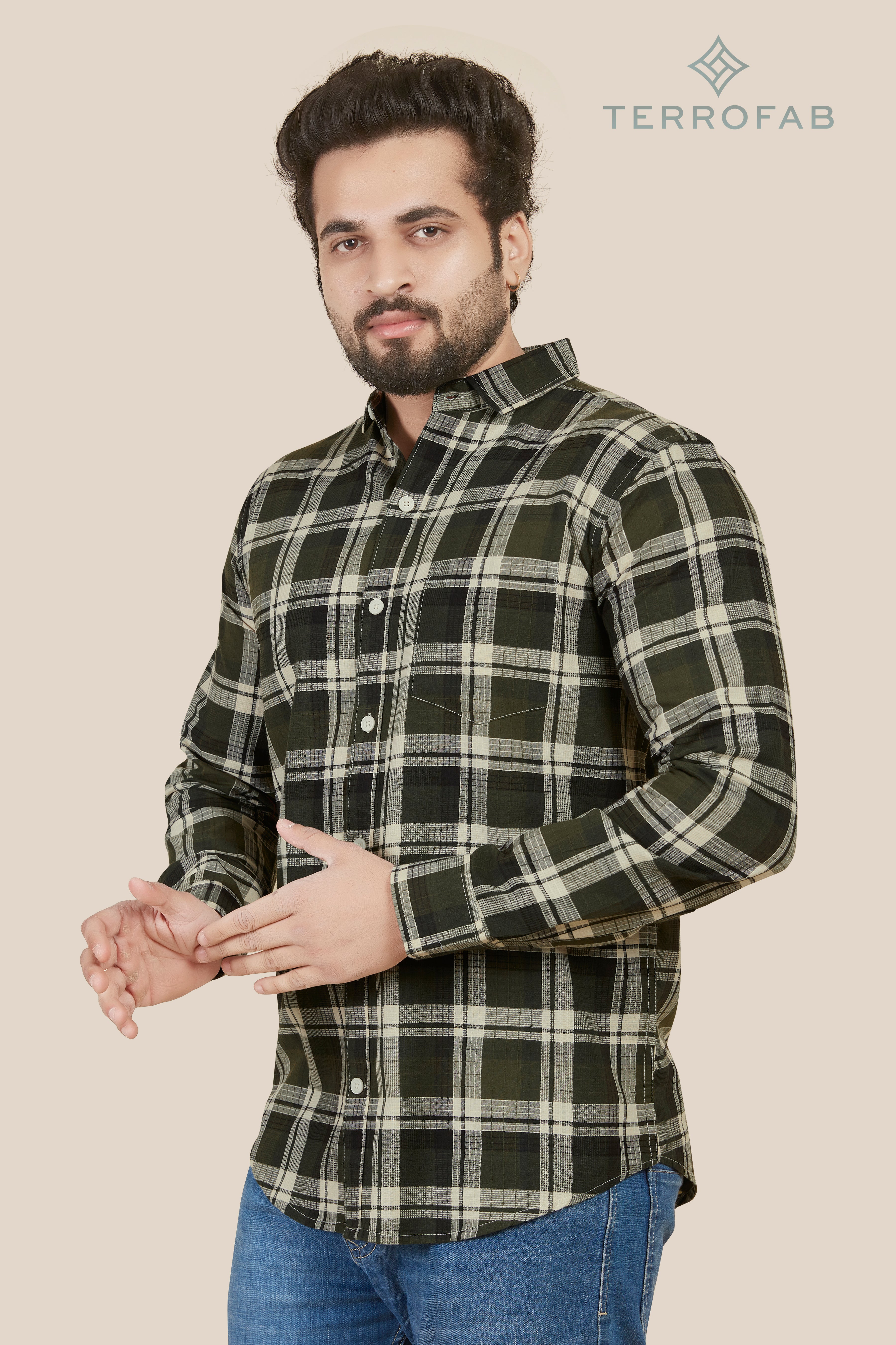Men’s Olive & Off-White Shadow Plaid Shirt