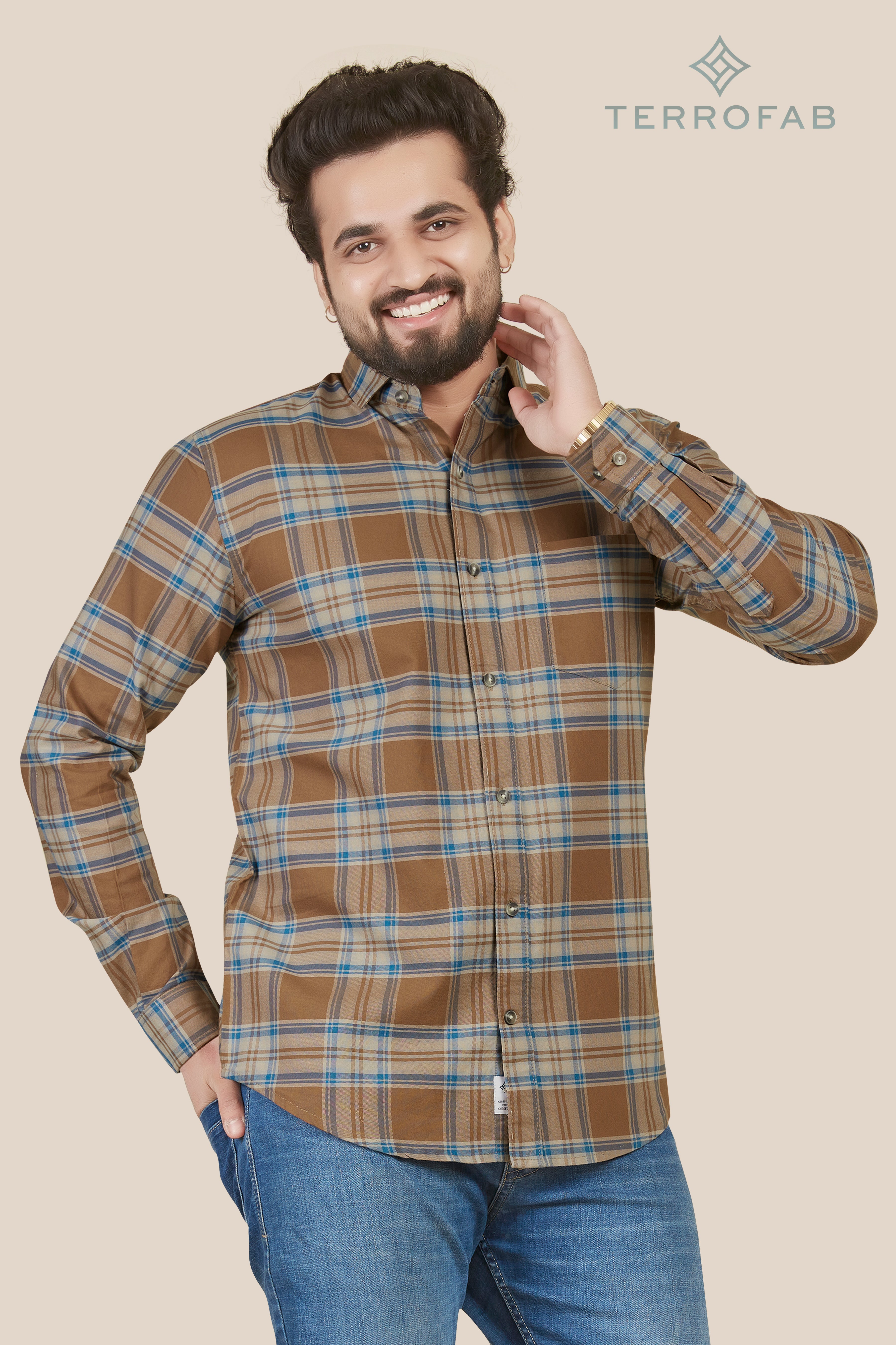Men’s Ochre & Sky Blue Multi-Grid Check Shirt