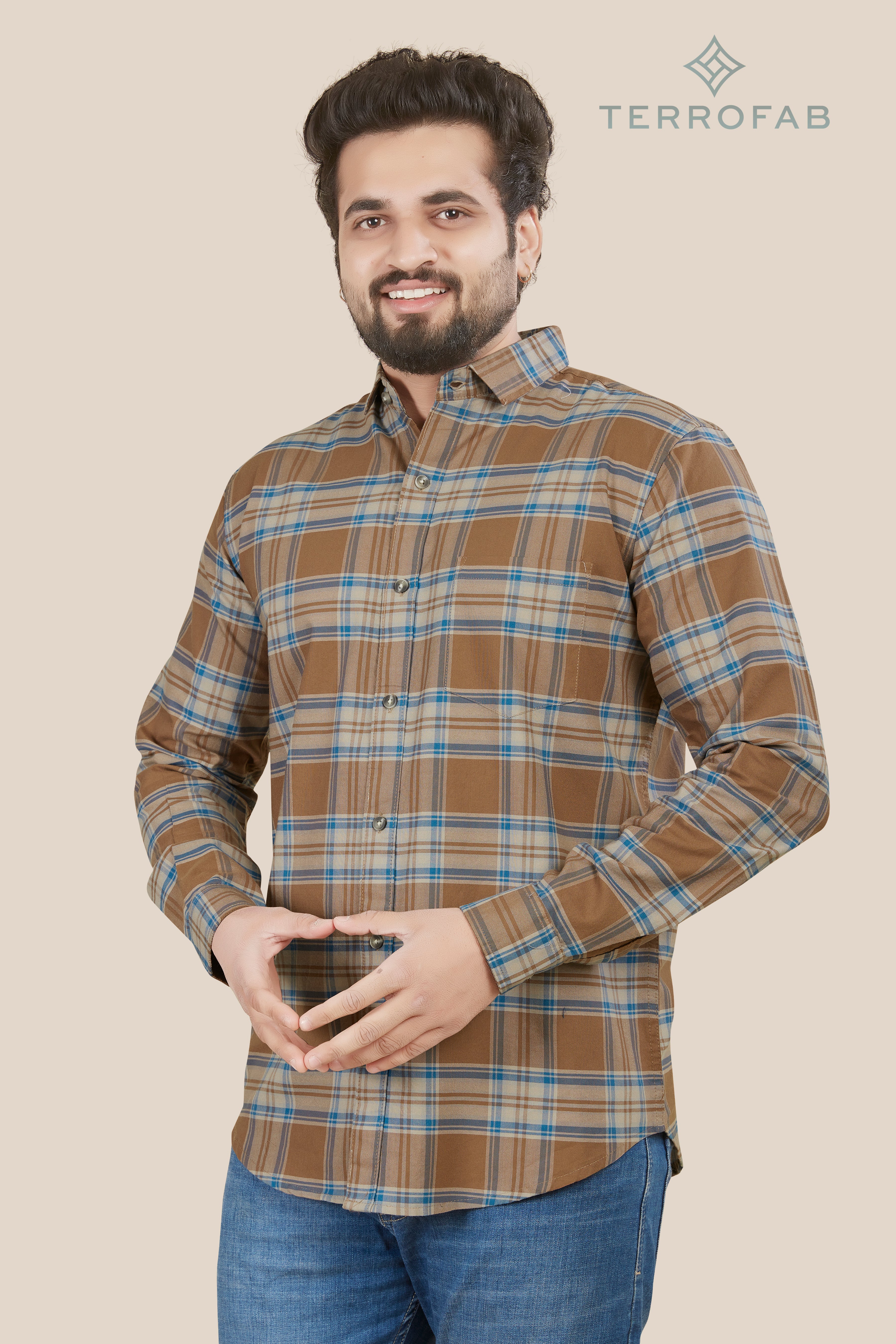 Men’s Ochre & Sky Blue Multi-Grid Check Shirt