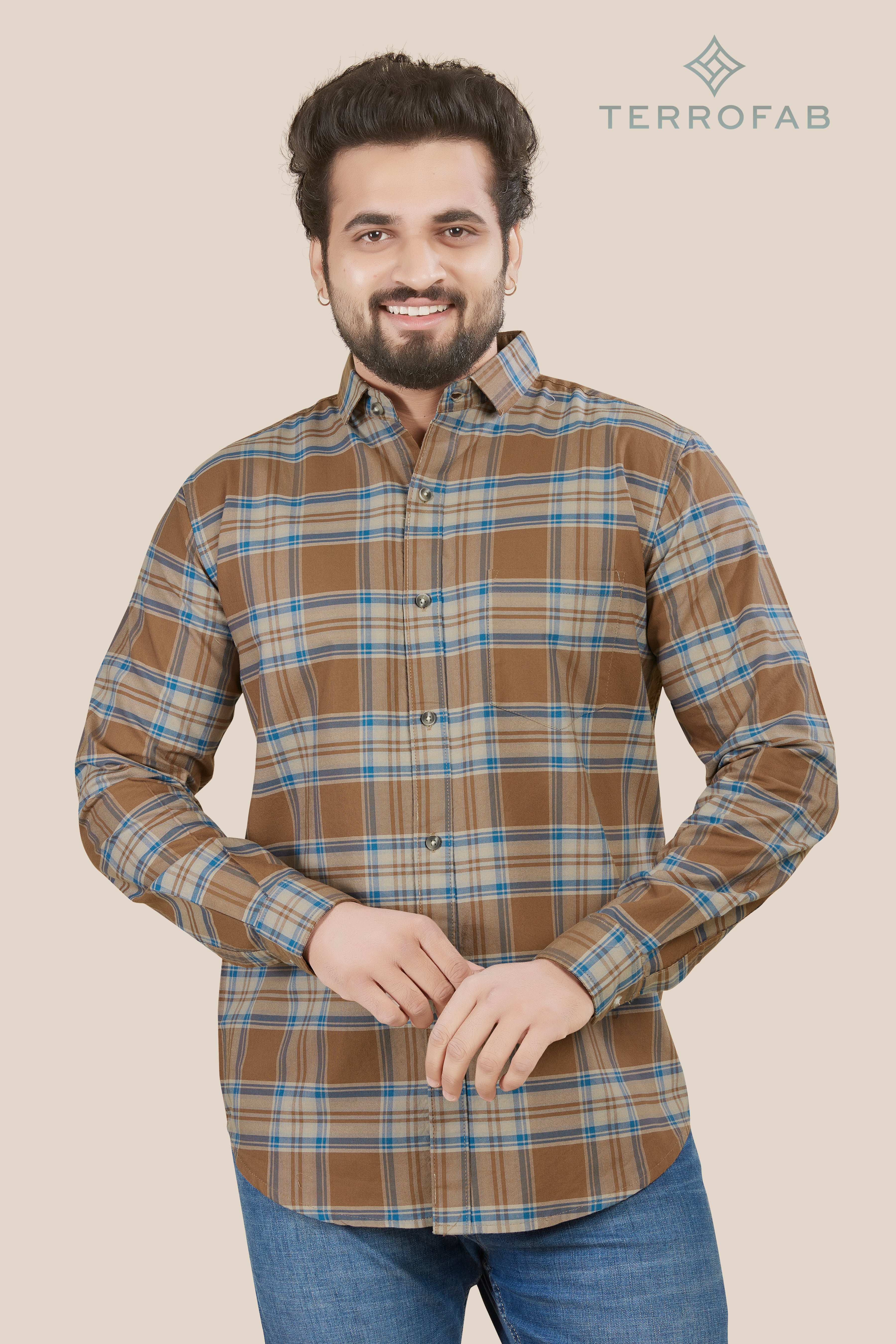 Men’s Ochre & Sky Blue Multi-Grid Check Shirt